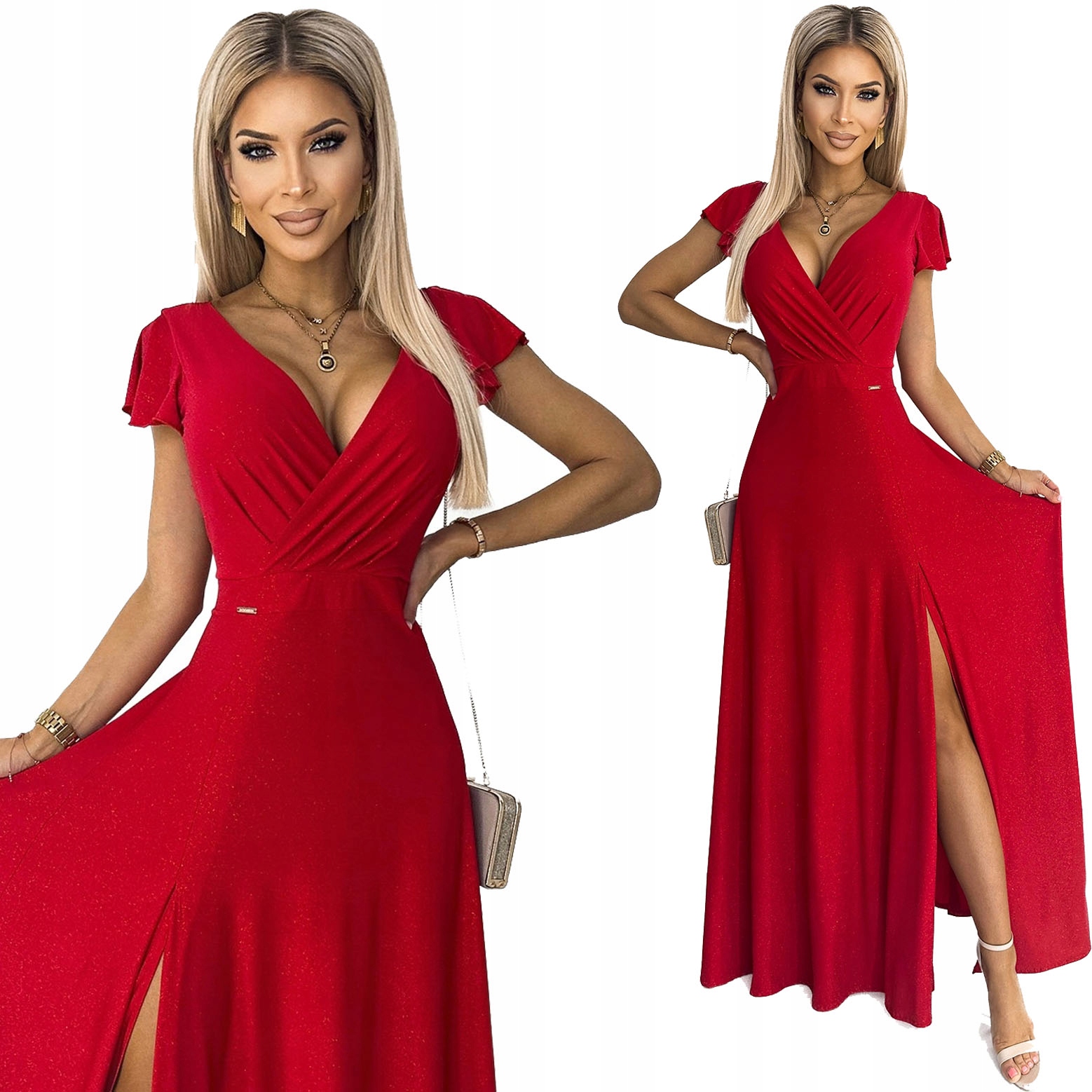 Efektní Dlouhé Maxi Plesové Šaty S Zavinovacím Výstřihem, Červená XL
