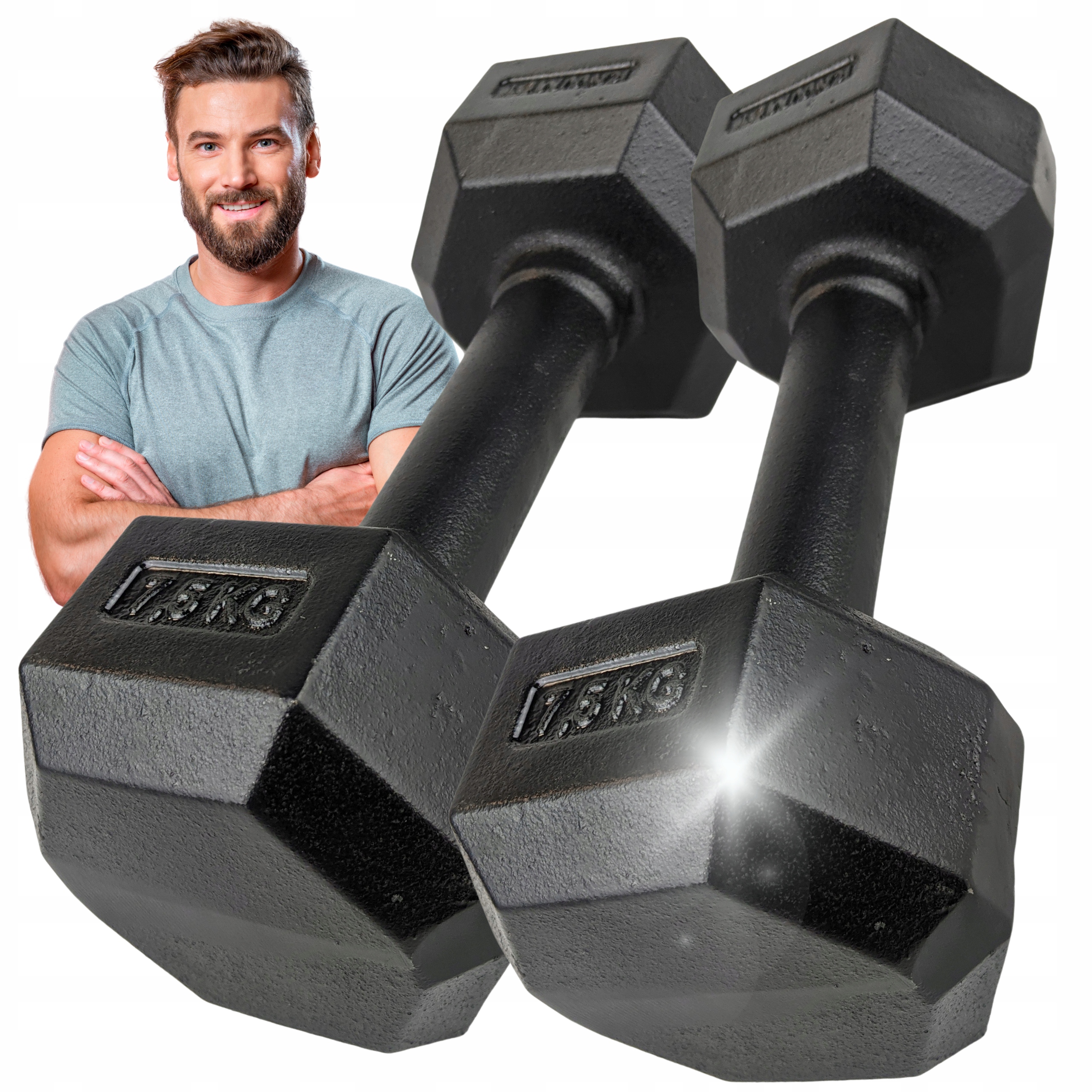 Hantle żeliwne Hex hantelki ciężarki fitness siłownia domowa 2x7,5kg