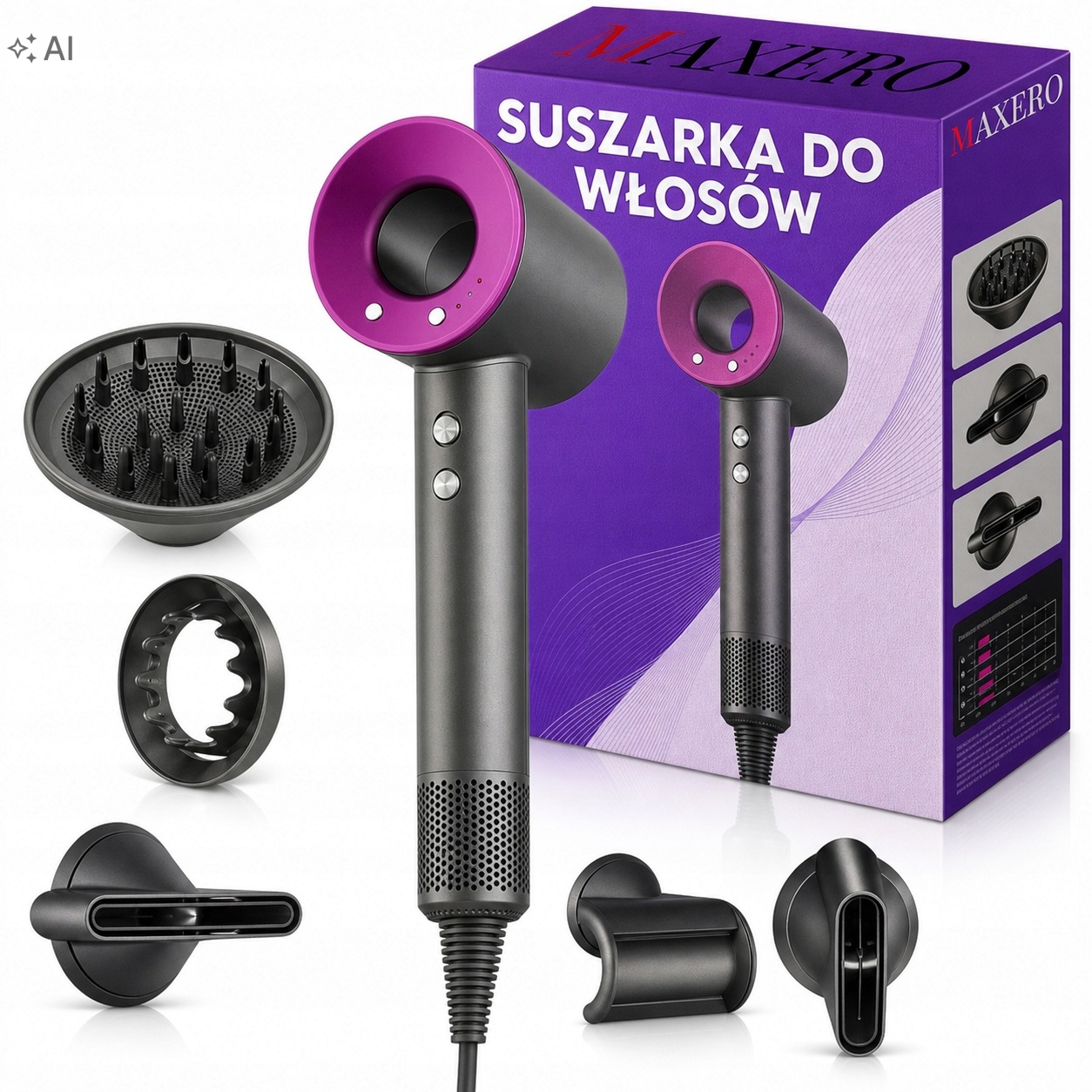 Vysoušeč Vlasů Silný 1600 W s ionizací Difuzér Studený foukač Maxero
