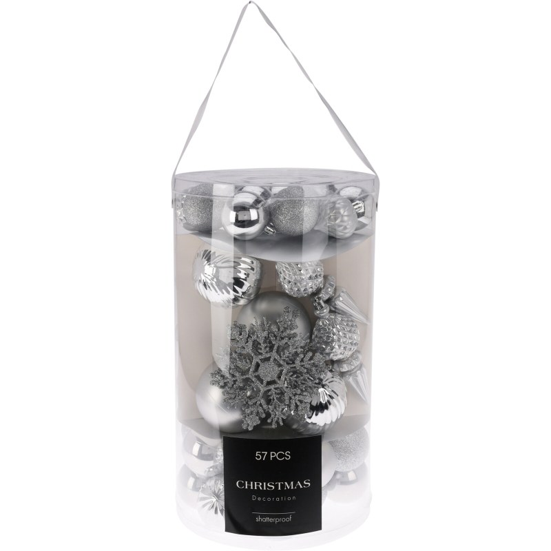 Sada 57 vánočních ozdob, vánoční ozdoby, plastové, stříbrné
