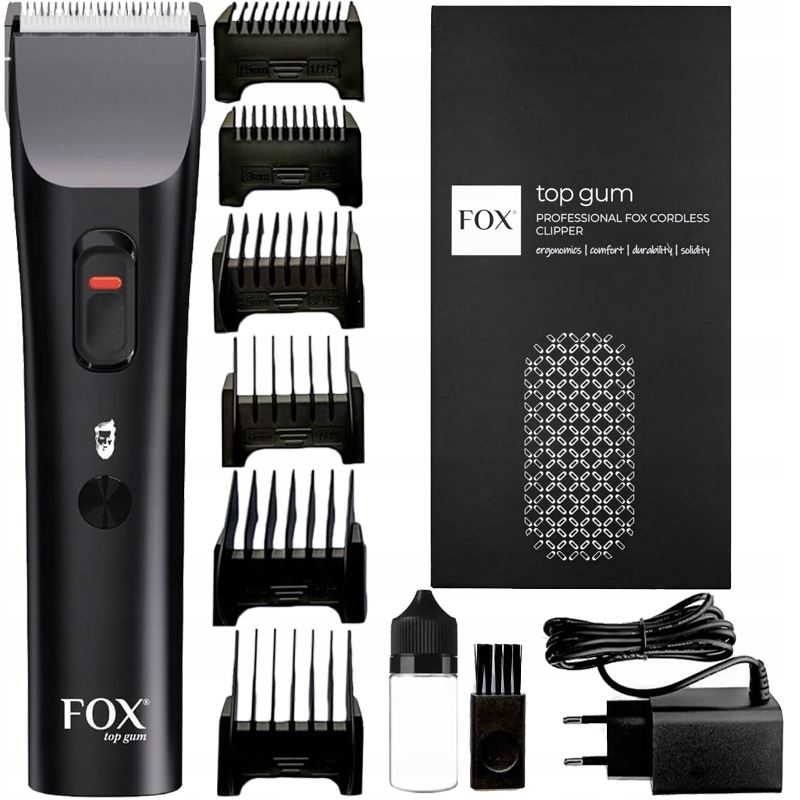 Profesjonalna Bezprzewodowa Maszynka Do Włosów Fox Top Gum Nasadki Olej