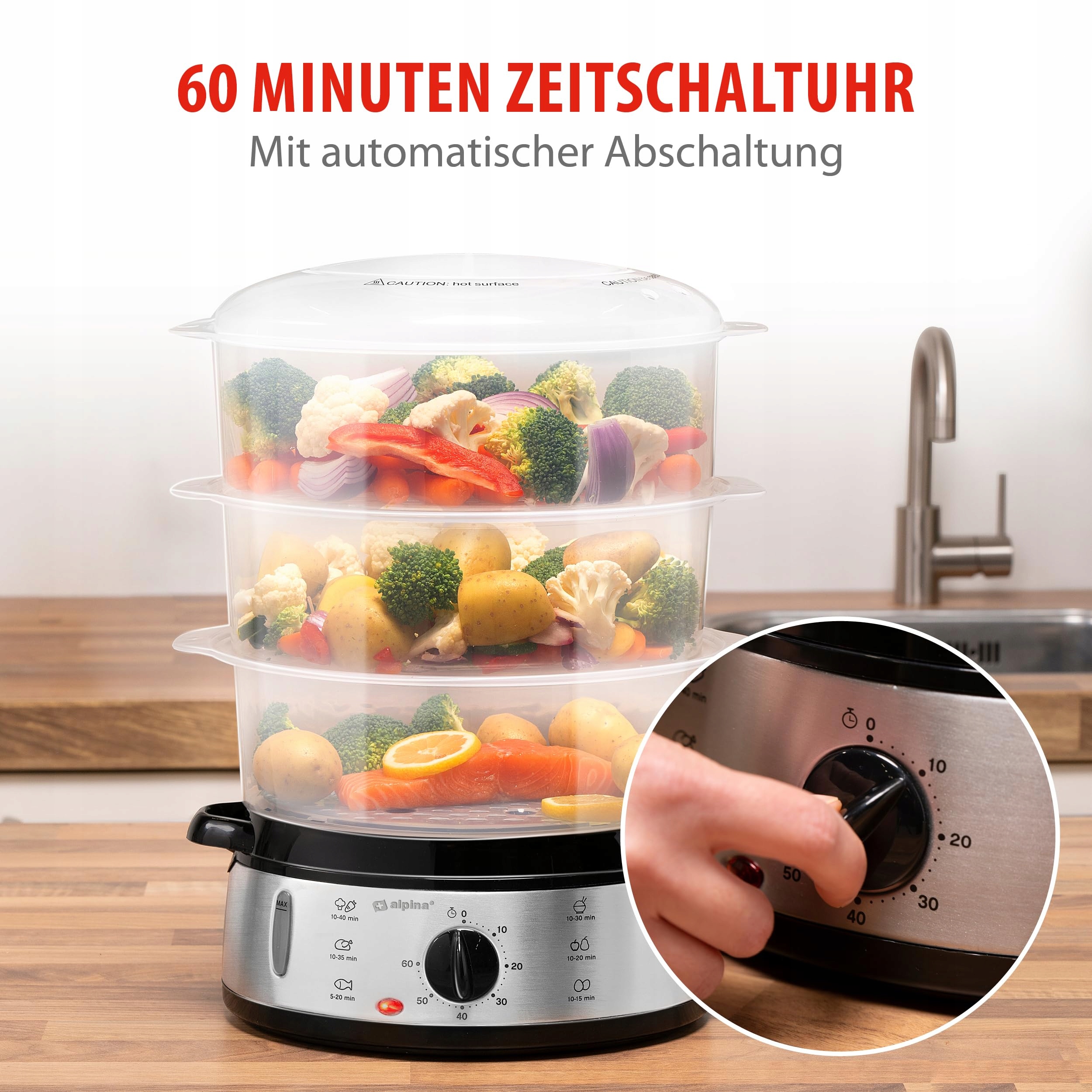 ALPINA Parowar 230V 800W 3 Poziomy BPA Free 9L Szary Plastik RVS — miniatura 7