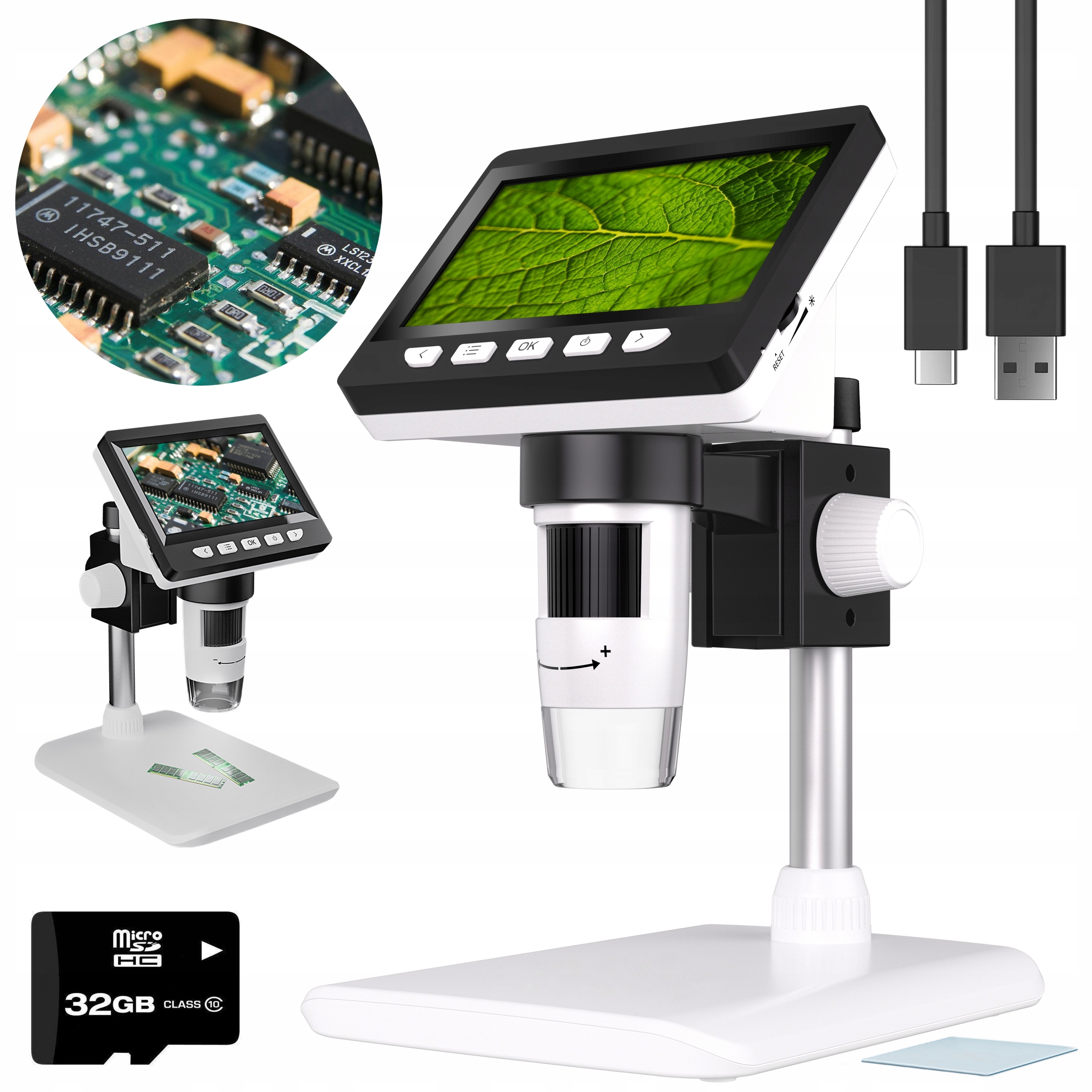 Digitální Mikroskop Se Zvětšením 1000x 2MP 8LED Hd Displej 4,3" 32GB MicroSD