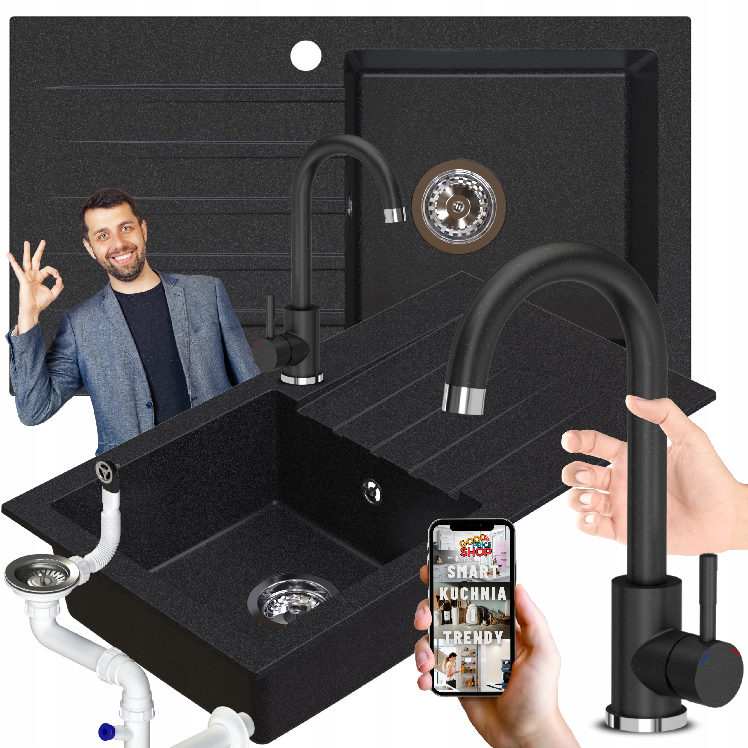 Granitový Dřez Jednokomorový S Kuchyňskou Baterií, Černý, Skvrnitý