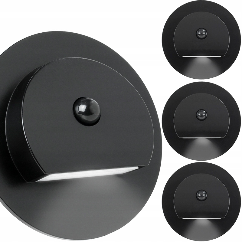 3x Czarne Oprawki Schodowe Lampki Na Schody Czujnik Neutralny 4000K 230V