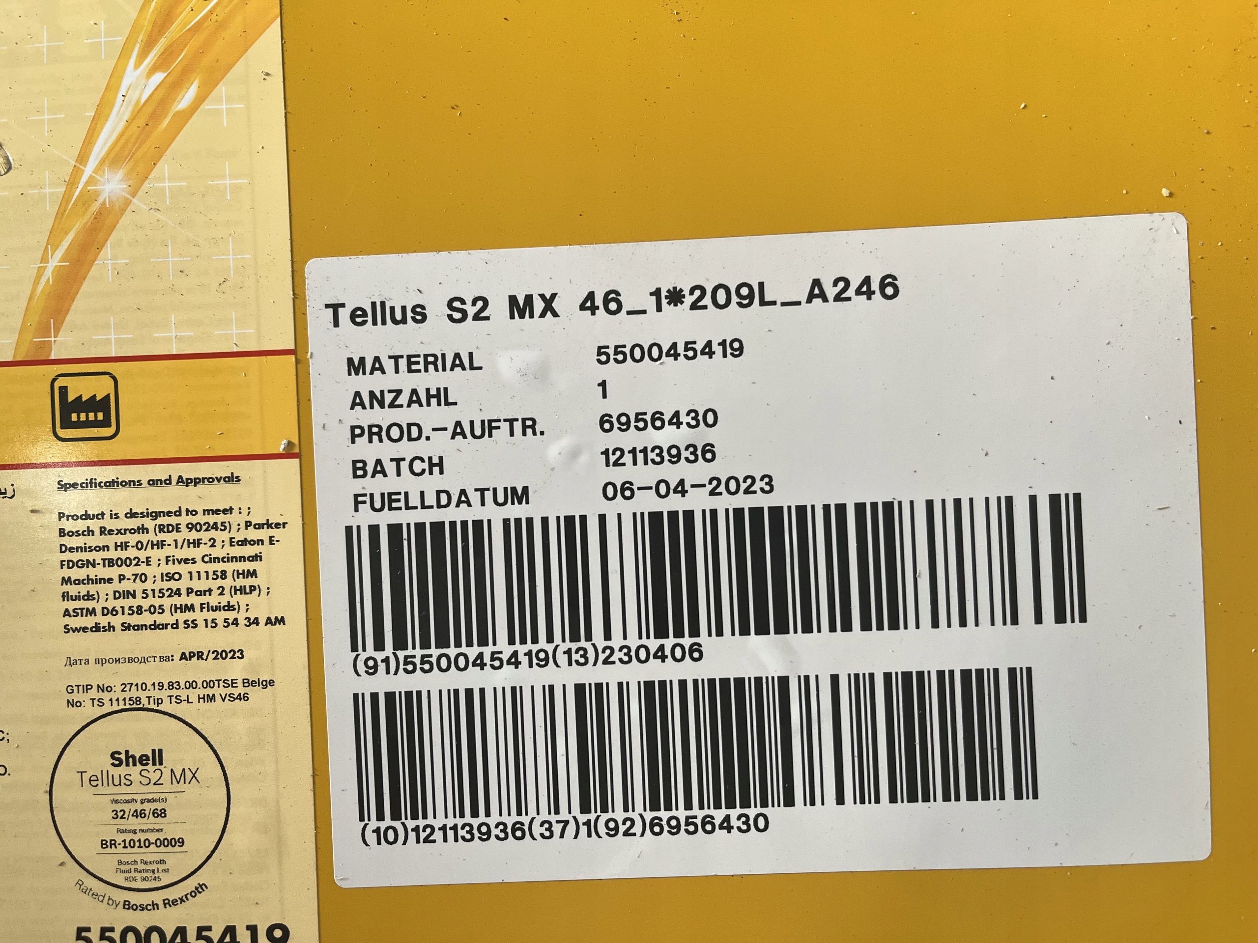 SHELL TELLUS S2 MX 46 209L Stan opakowania oryginalne
