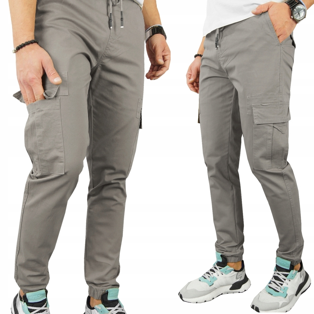 Męskie Spodnie Bojówki z 6 Kieszeniami Joggery rozciągliwe Pas na Gumce XL