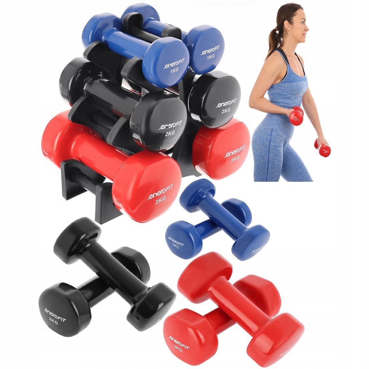 Sada činek 12 kg Enero Vinylové činky pro cvičení 1/2/3 kg stojan