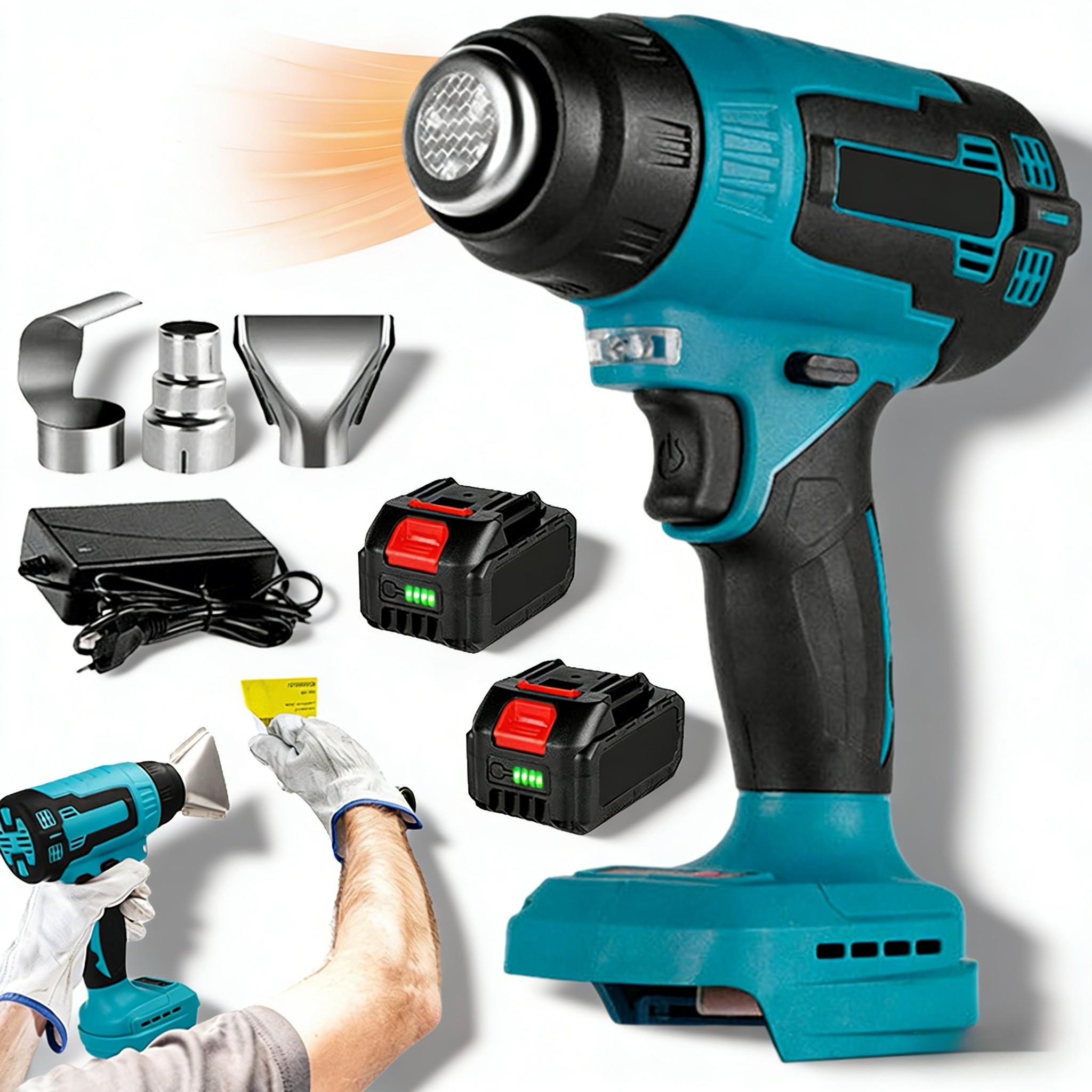 Horkovzdušná Pistole 3 Koncovky 400°C Akumulátorová Led Pro Olepování Aut