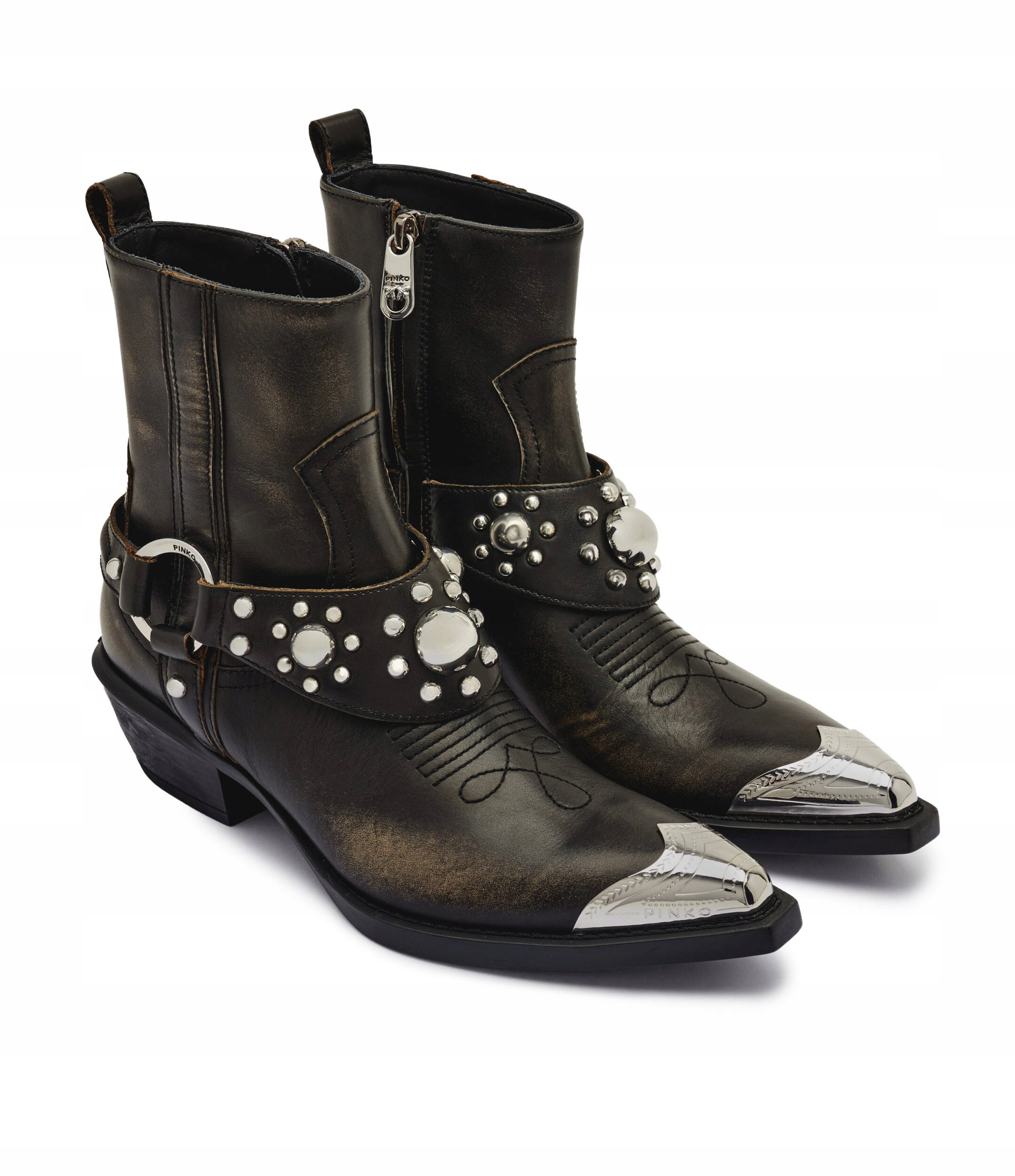 PINKO TEX 07 Kowbojki do kostki ze ścieranej skóry z metalowym