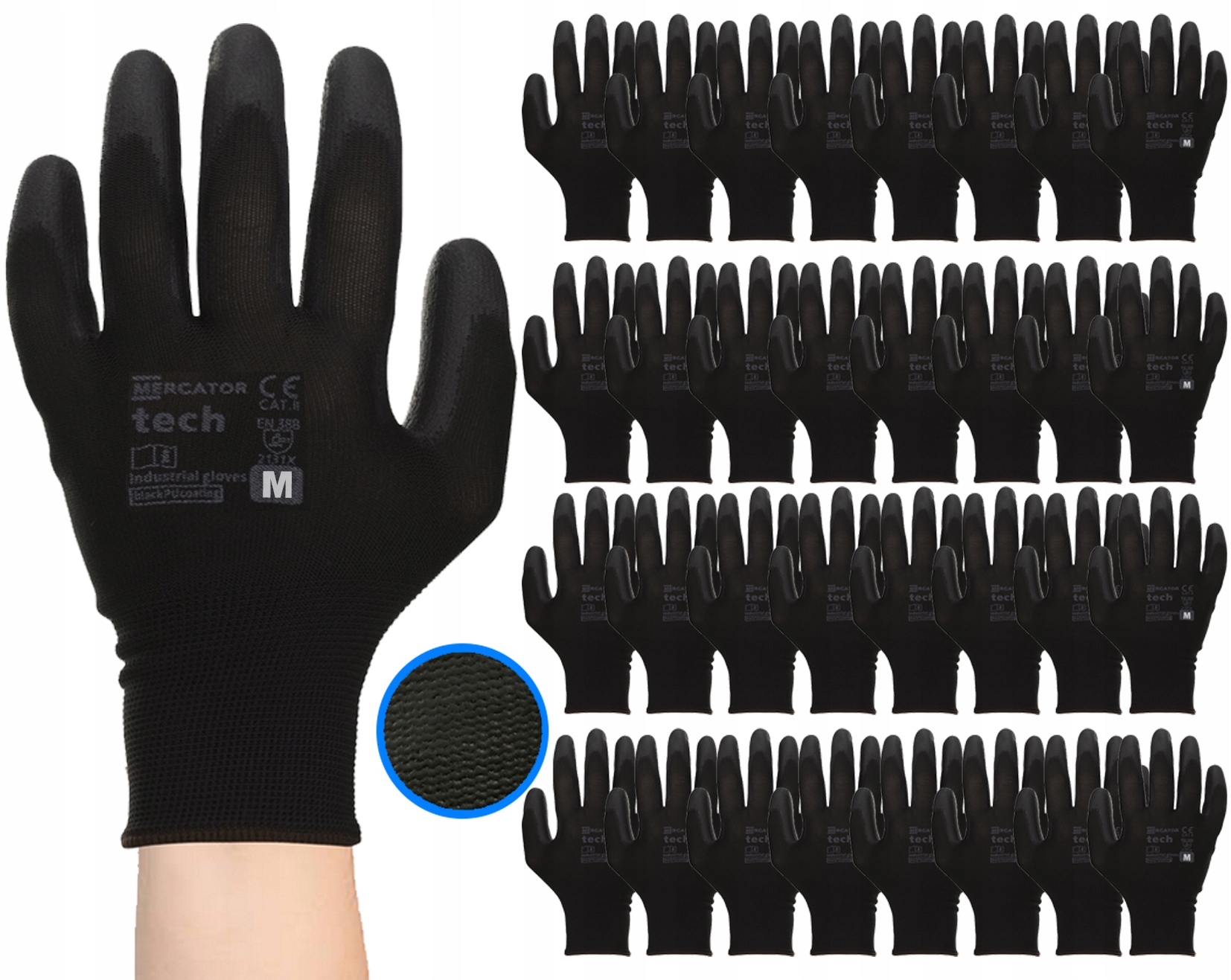 Pracovní Rukavice Tech Mercator Black+Black Poliur Přizpůsobené r.M 120 párů