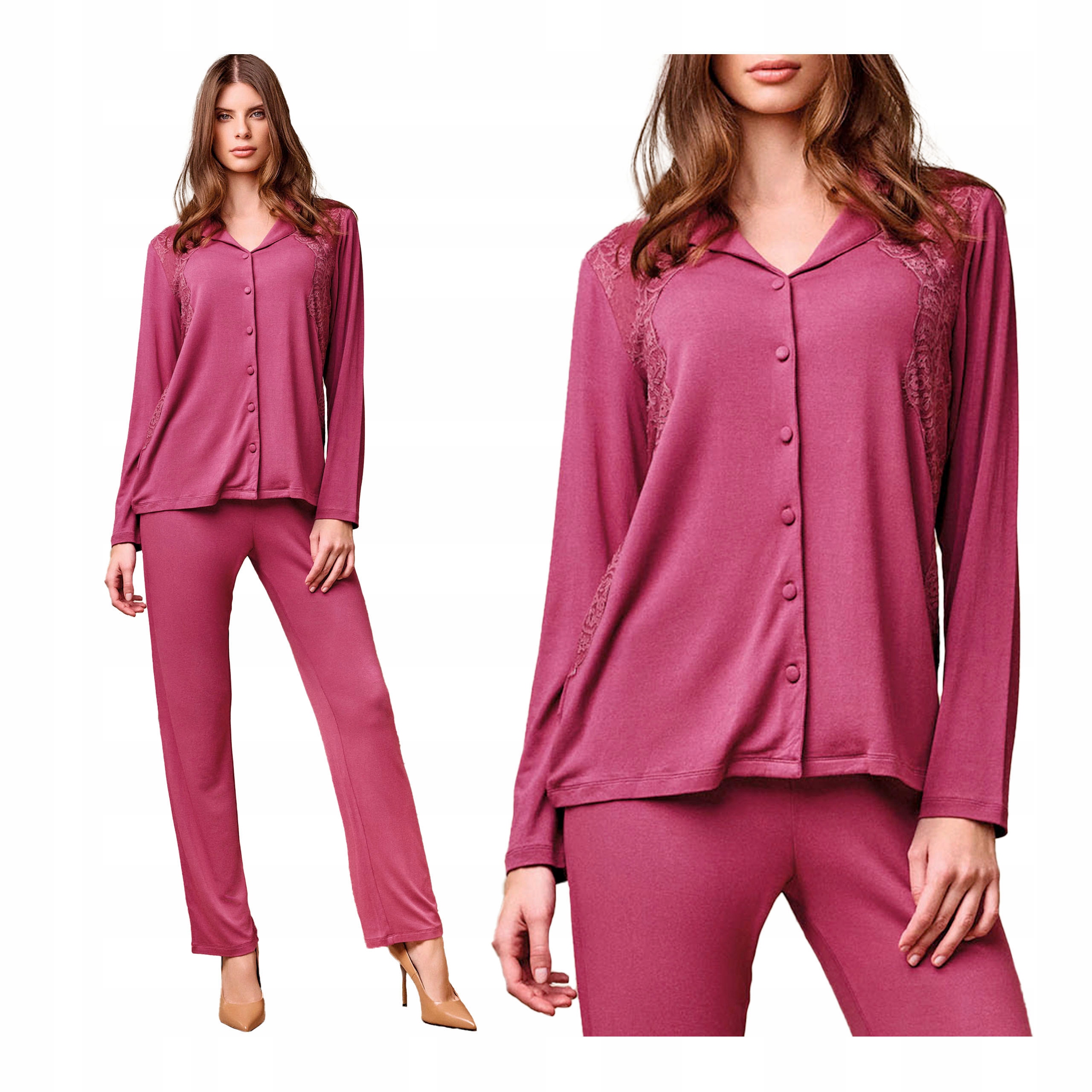 Dámské dvoudílné rozepínací pyžamo s dlouhým rukávem, růžové Lormar, 2XL