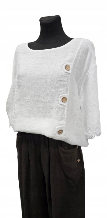 Lněná halenka Oversize s dřevěnými knoflíky a třásněmi -puro Lino Italia