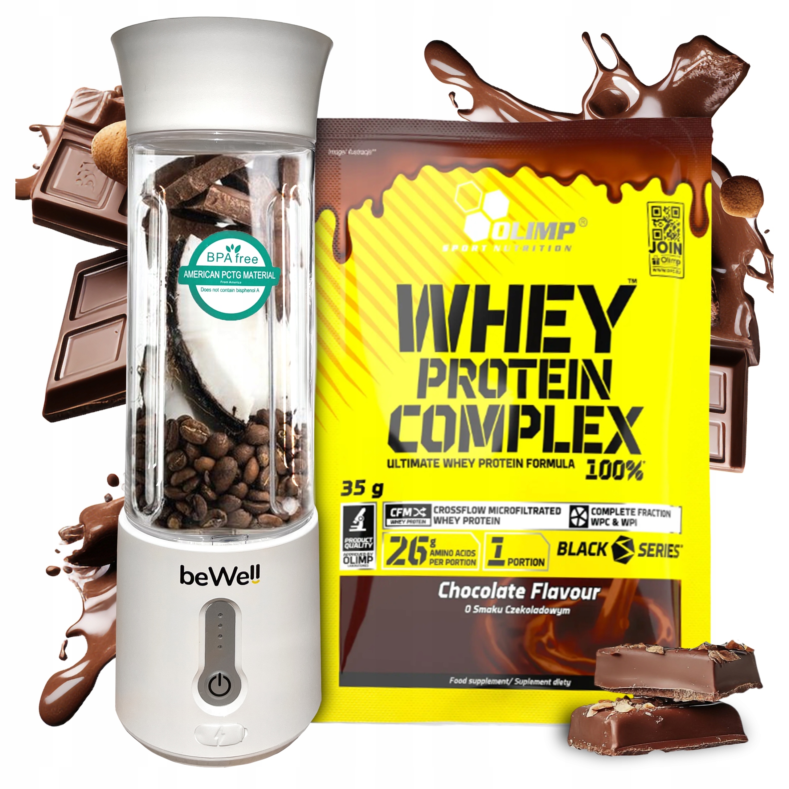 Kalichový mixér Přenosný bezdrátový beWell na Usb, protein Olimp Wpc