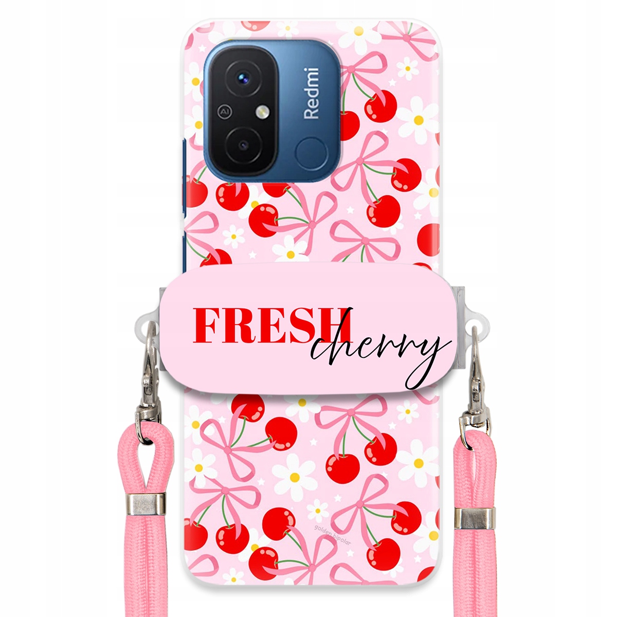 Pouzdro pro Xiaomi Redmi 12C Case Držák Šňůrka Růžová Fresh Cherry Kokardy