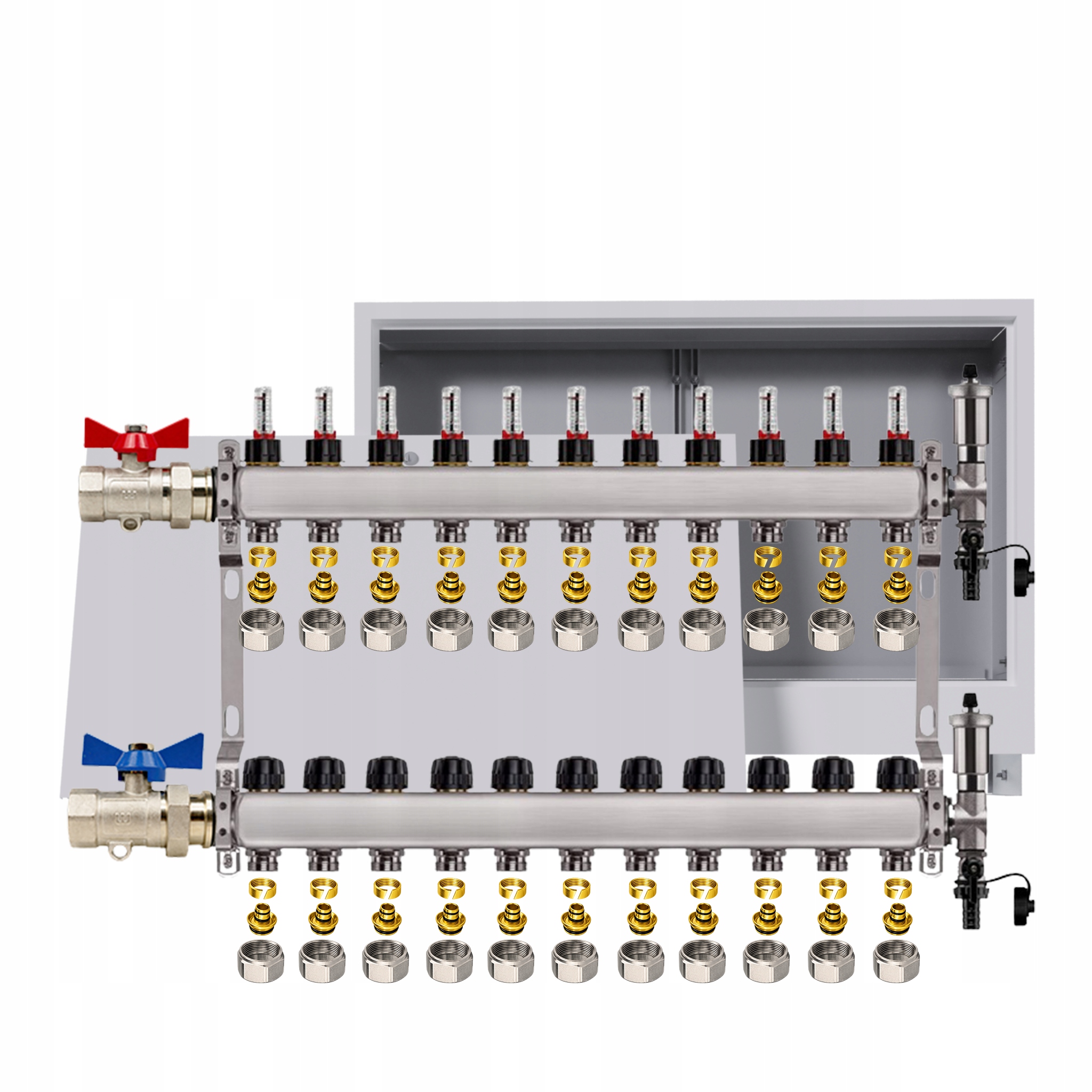 Nerezový rozdělovač pro podlahu 11 okruhů podomítková skříňka Pex