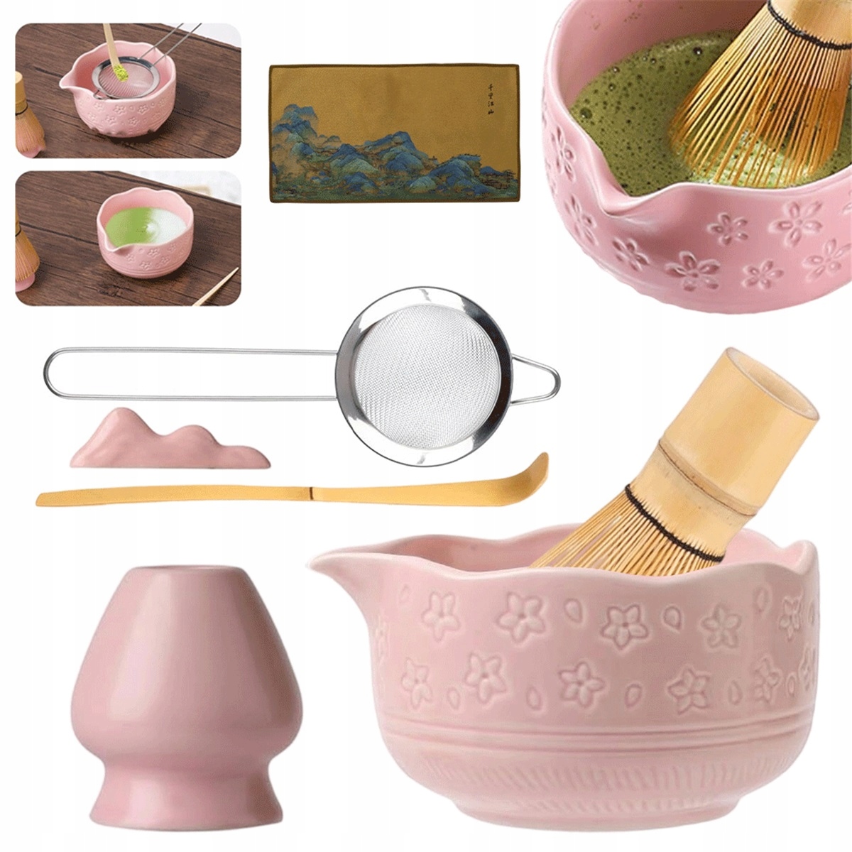 Levně Dárková sada na matchu růžová metla na matchu, miska, sítko 7v1