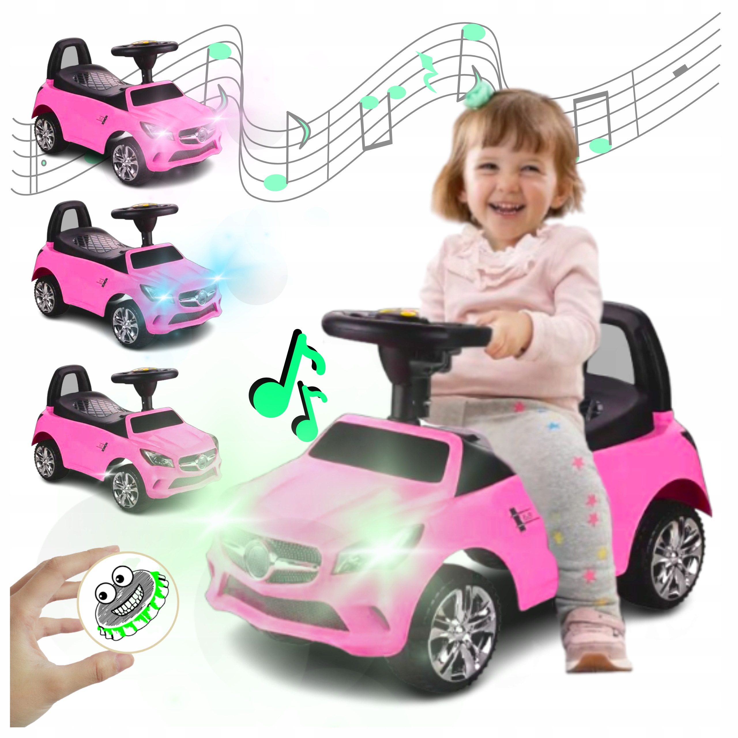 ZABAWKA DLA DZIEWCZYNKI SAMOCHÓD CHODZIK PCHACZ JEŹDZIK MUZYKA ŚWIECI KOLOR