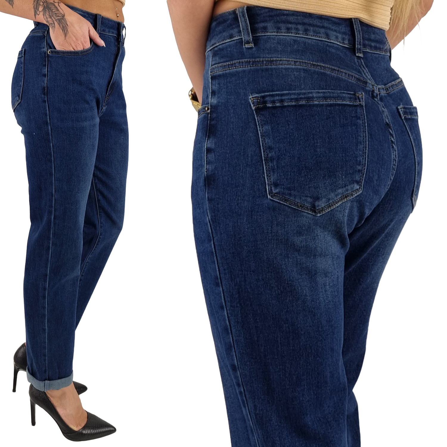 Damskie Spodnie Mom Fit Jeansy Wysoki Stan Luźne Nogawki Premium