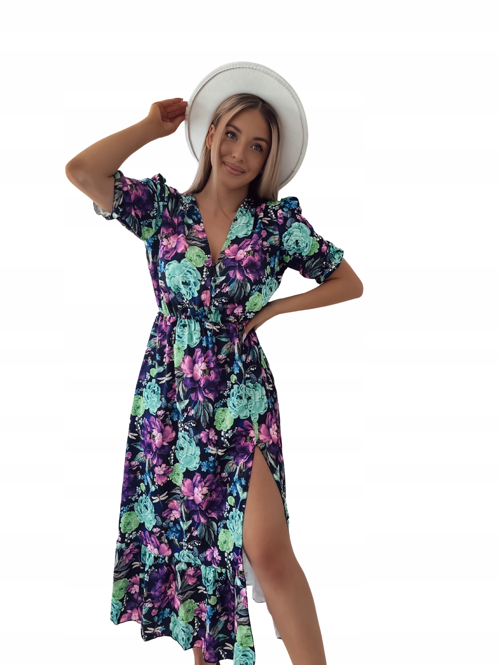 Dámské Šaty elegantní s květinovým vzorem, krátkým rukávem, volánem a rozparkem, fialové