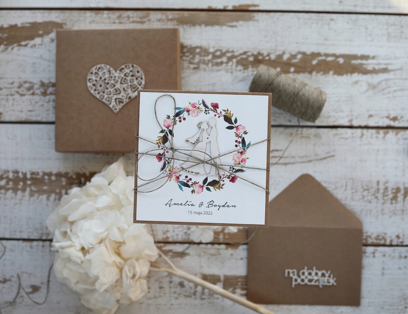Svatební přání s krabičkou s věncem boho, obálka na peníze