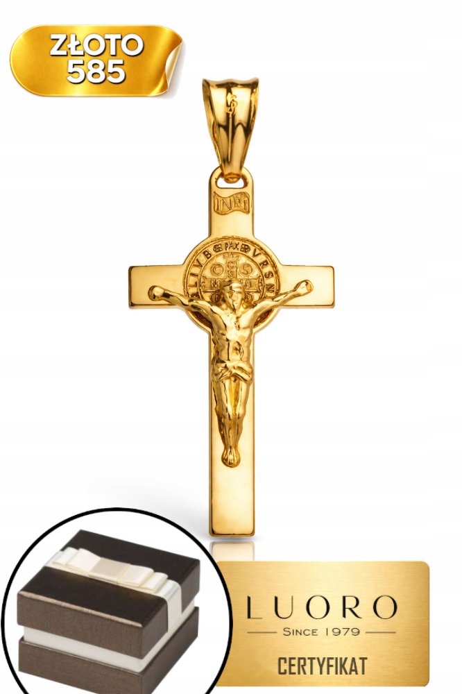 Zlatý Křížek 585 14K S Ježíšem Benediktinský 45 MM Elegantní Dárek