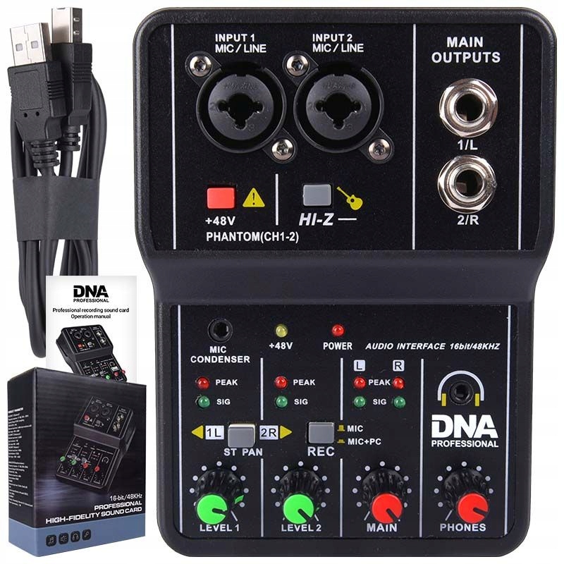 Mikser analogowy 2-kanałowy Hi-Z interfejs audio USB phantom DNA MIX 2