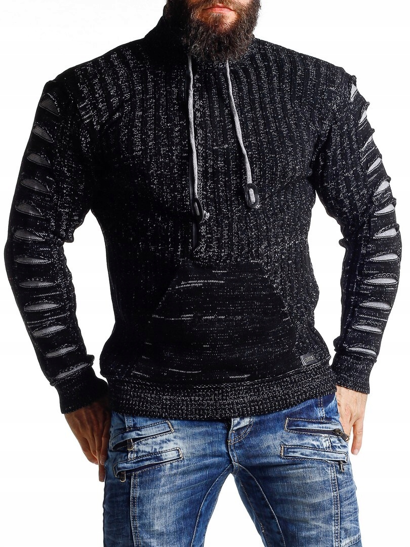 SWETER MĘSKI GRUBY GOLF ROZPINANY STÓJKA CZARNY - L Dekolt golf