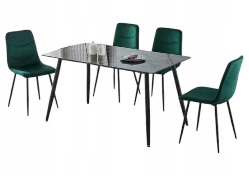 Stół ceramiczny 4 krzesła welur aksamit ciemna zieleń nowoczesne loft