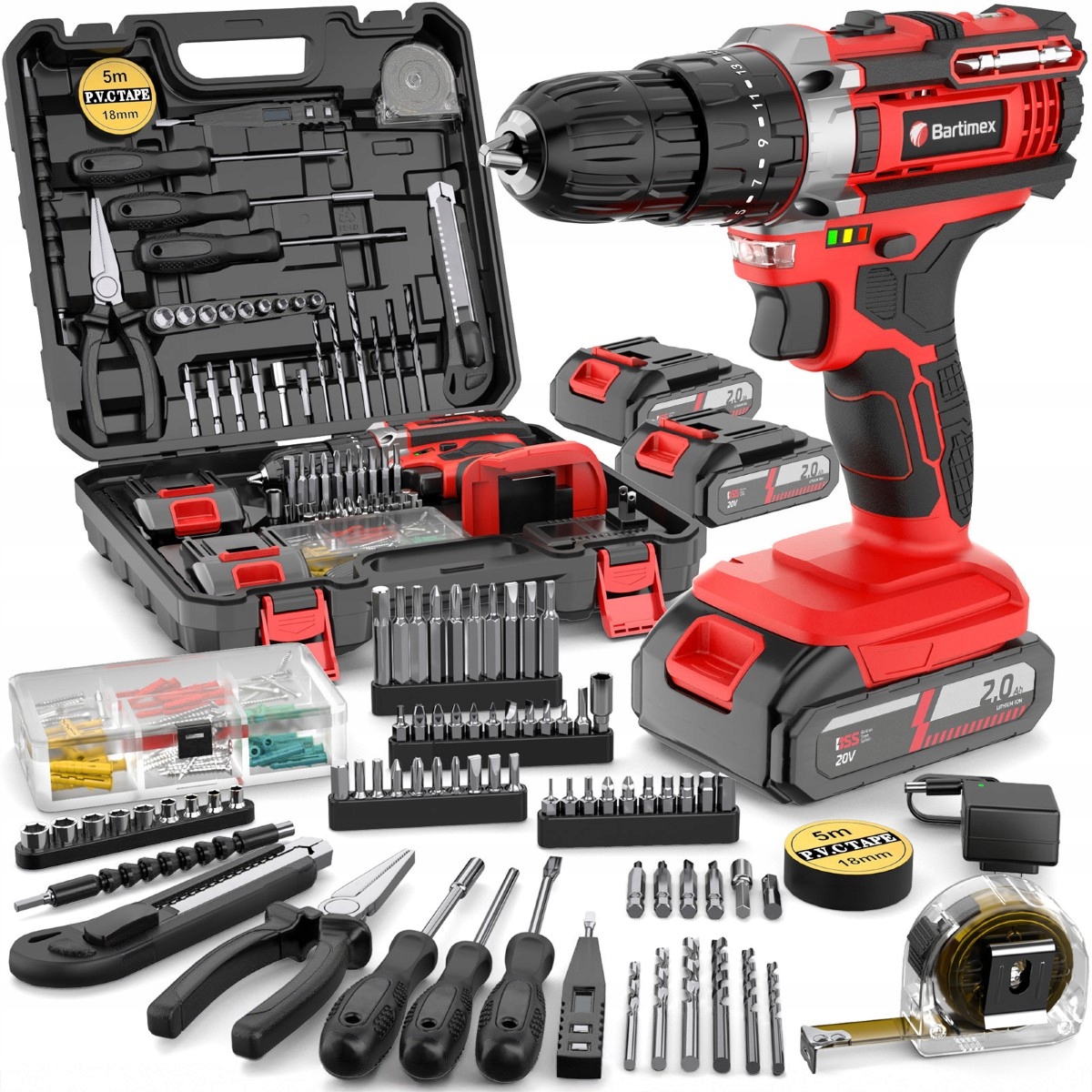 Wiertarko Wkrętarka 20V Zestaw 136 Elementów 2akumulatory 2,0Ah BT-CD-20K-S