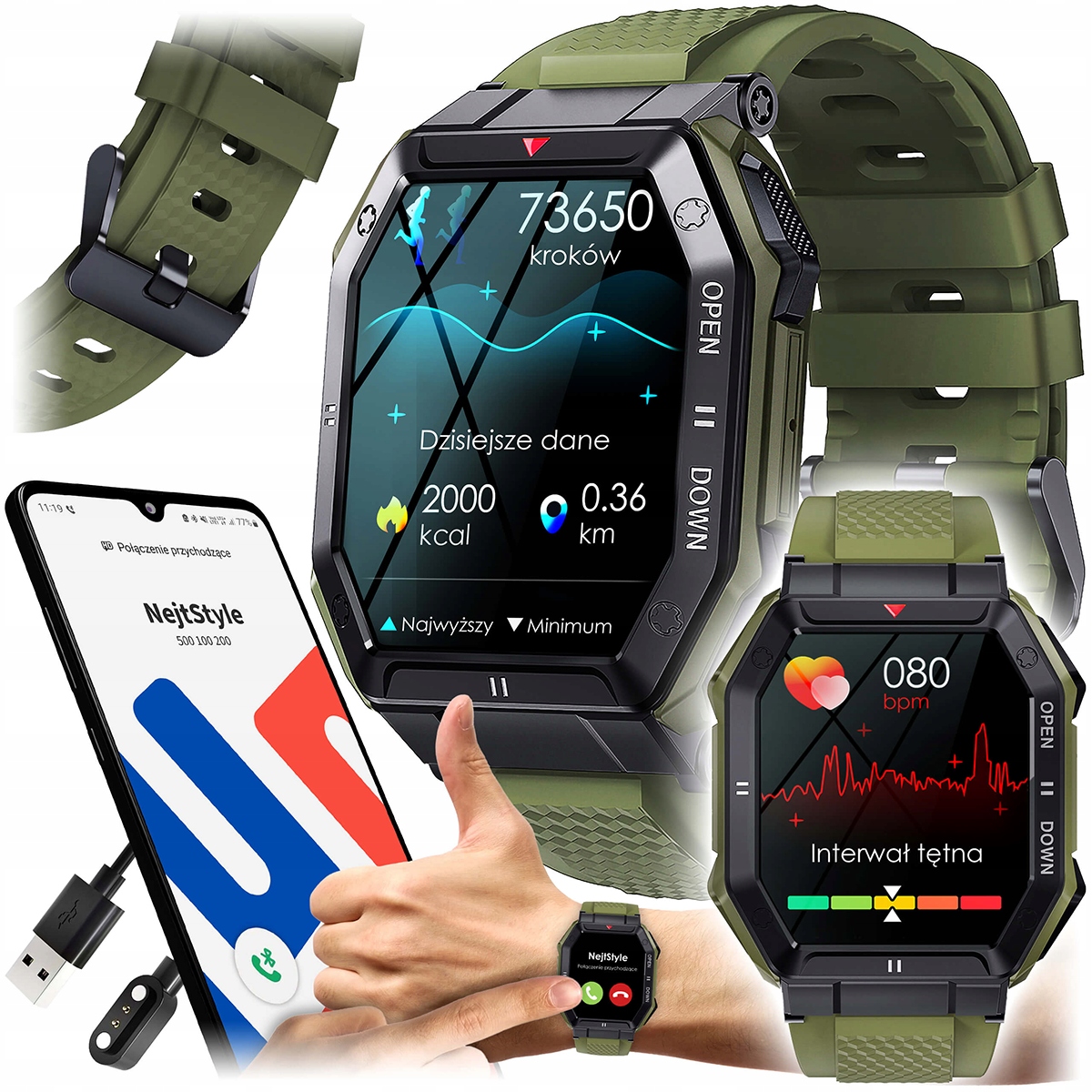 SMARTWATCH ZEGAREK MĘSKI MILITARNY ROZMOWY PULS DUŻA BATERIA POLSKIE MENU