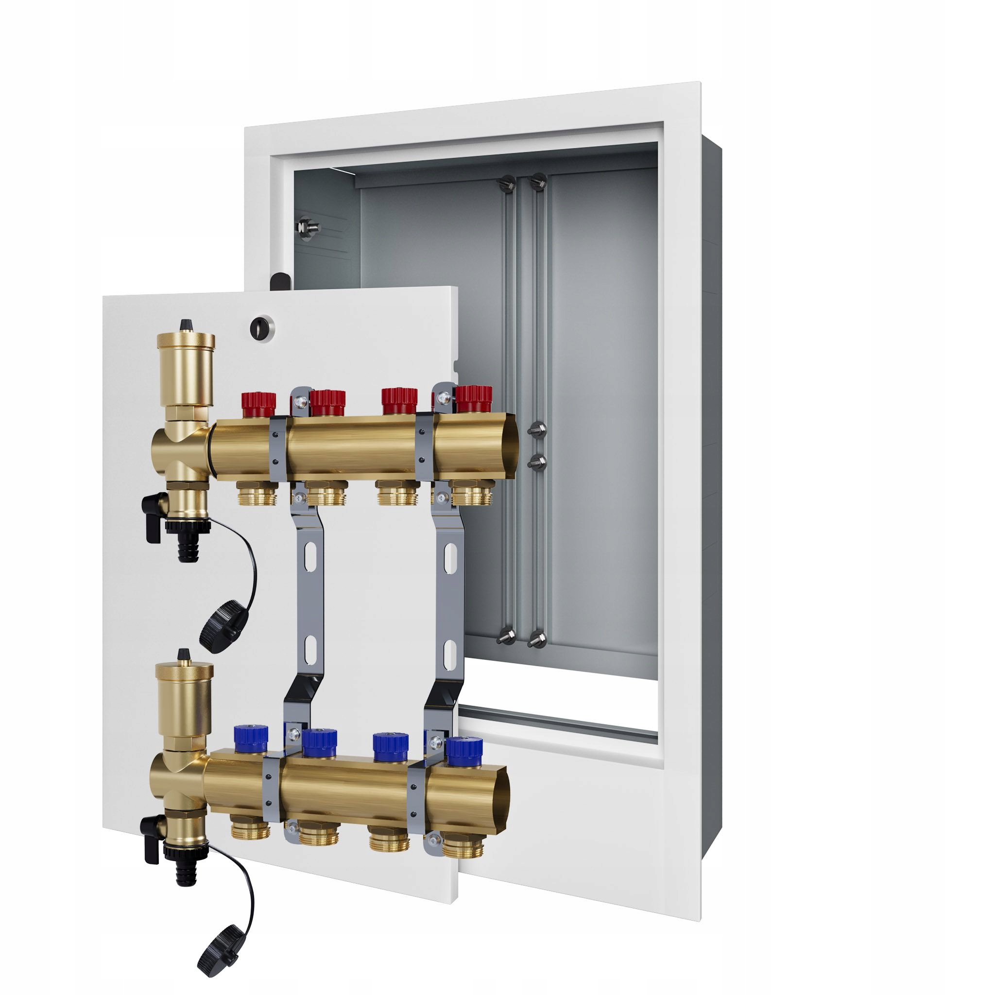 Manuální rozdělovač 4 okruhů pro radiátorové vytápění podomítková skříňka