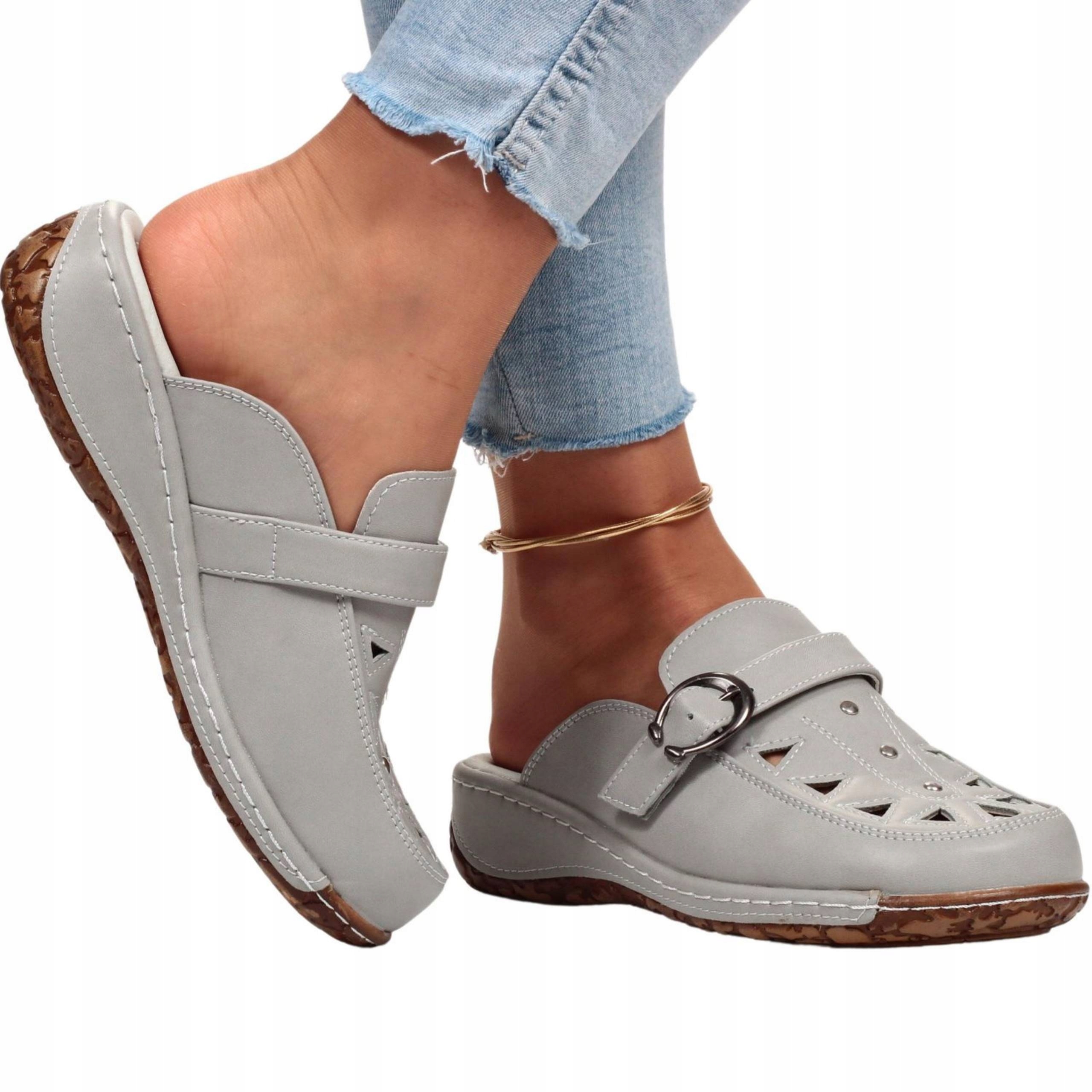 KLAPKI DAMSKIE BUTY ORTOPEDYCZNE SZYTE SKÓRA Kolor szary