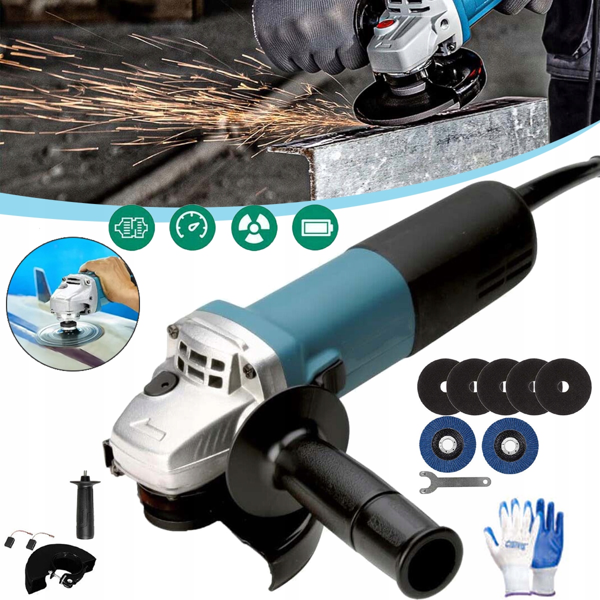 710W 125MM ELEKTRYCZNA SZLIFIERKA KĄTOWA DO POLEROWANIA I CIĘCIA, Z 7 TARCZ