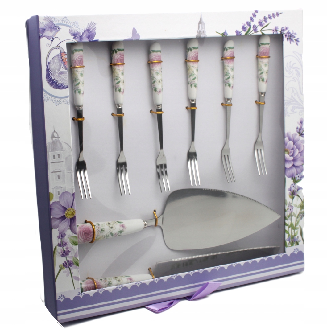 Sada na těsto s porcelánovými úchyty, 6 x vidliček, nůž, lopatka