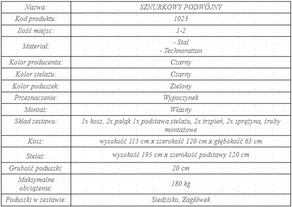 FOTEL WISZĄCY DWUOSOBOWY SZNURKOWY Rodzaj fotel wiszący wolnostojący