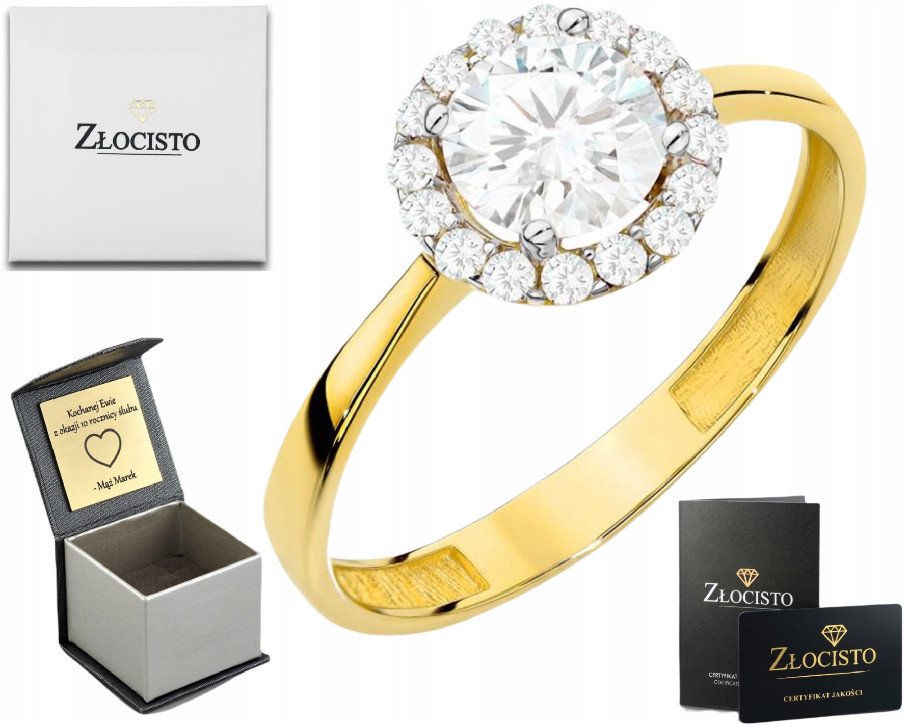 Zlatý Prstýnek S Centrální Zirkonií V Rámu S Menšími Prvky, Hladká Lišta