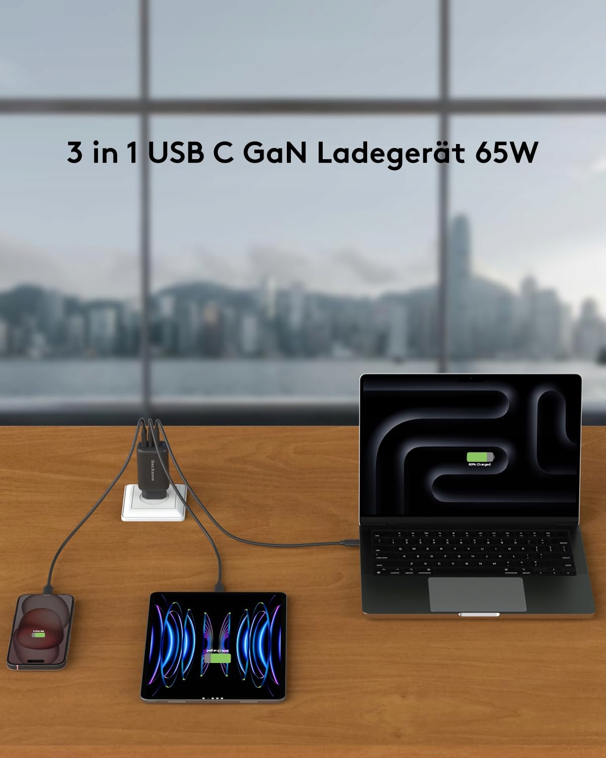 QACKENM GaN USB C 65W 3-Port Ładowarka dla MacBook iPhone iPad — miniatura 2