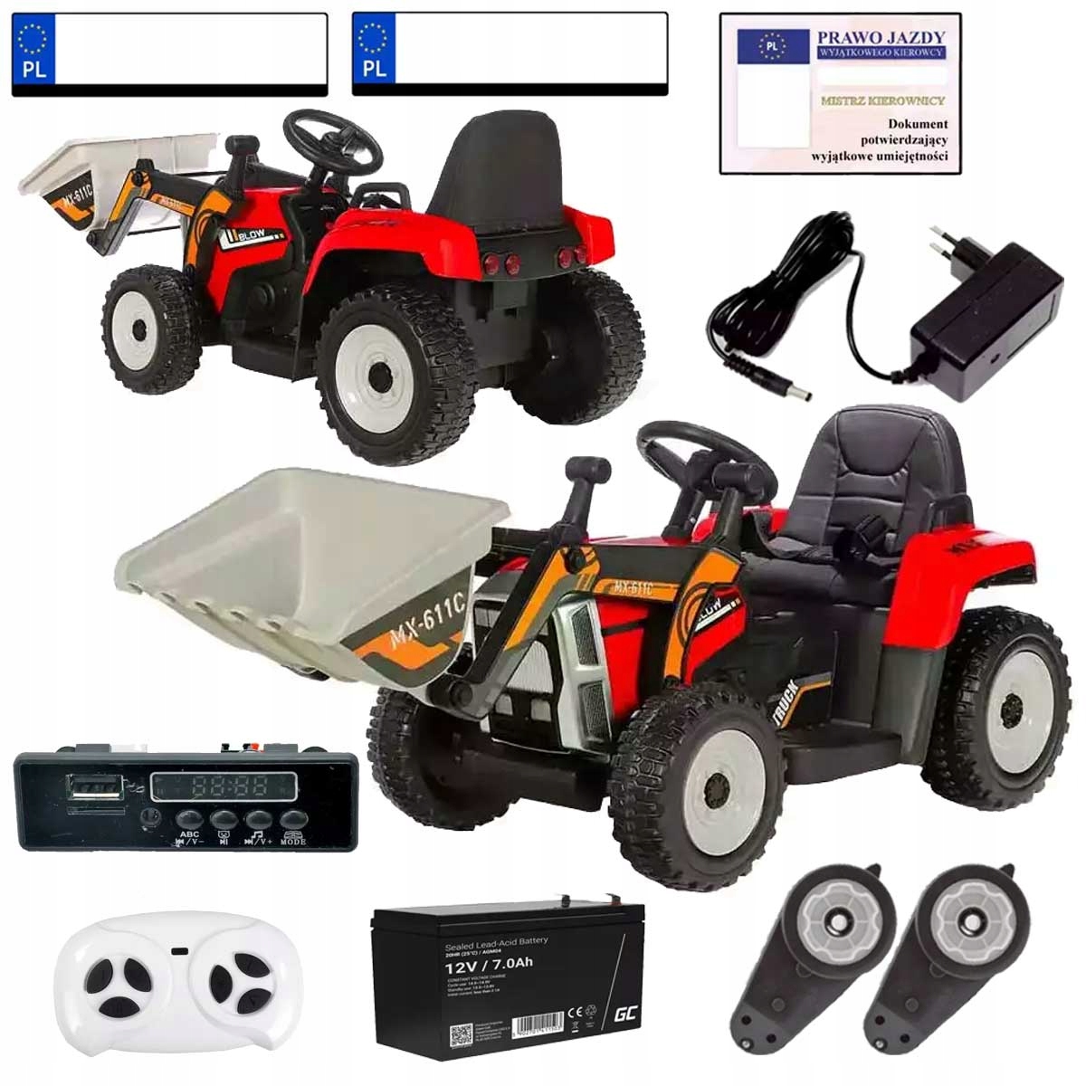 Traktor na akumulator z ładowarką i pilotem XMX611C Czerwony