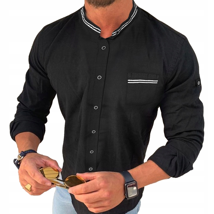 Pánská košile Každodenní stojáček Lněná Prodyšná Len Kapsa