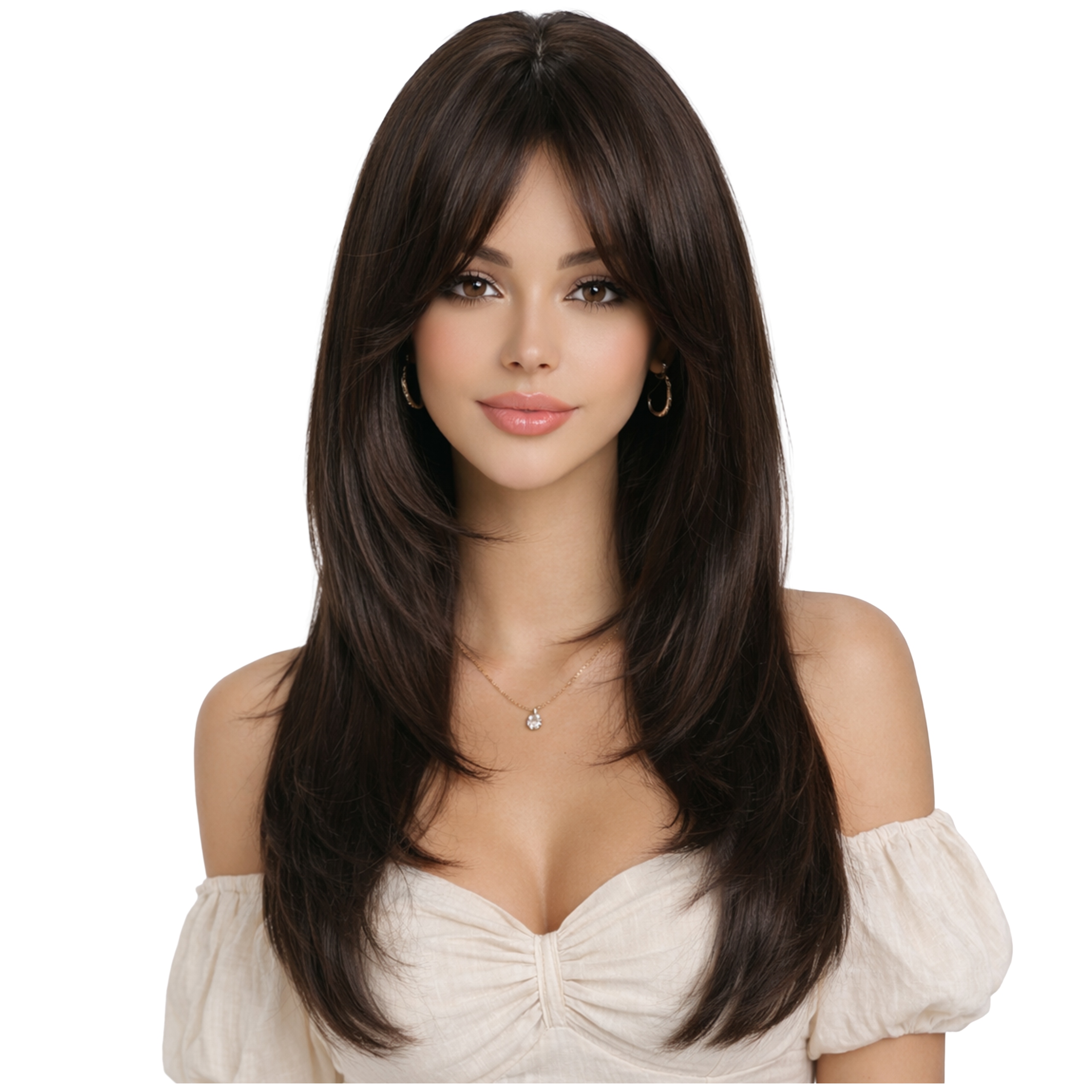 Peruka damska Proste włosy Ciemny Brąz czekolada Jak Naturalne Grzywka