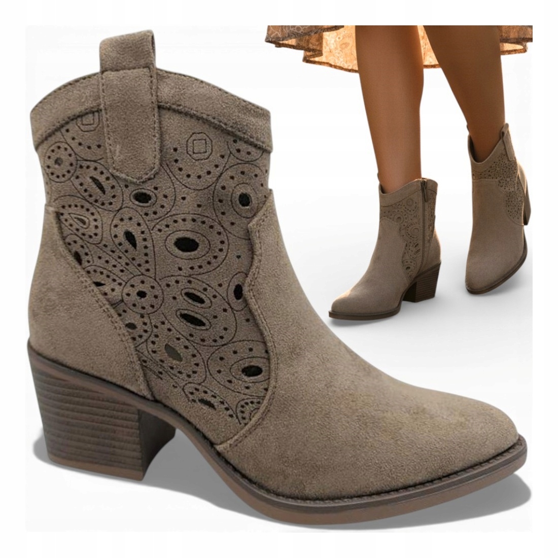 Dámské Kotníkové Boty na podpatku 41 Ažurové Kovbojské Boty Semišové Módní Béžové Evento