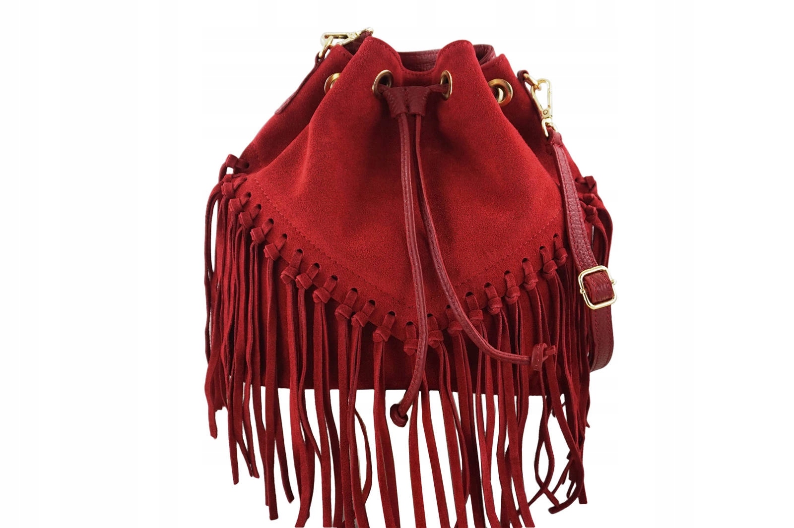 Dámská kabelka z přírodní kůže s boho třásněmi červená