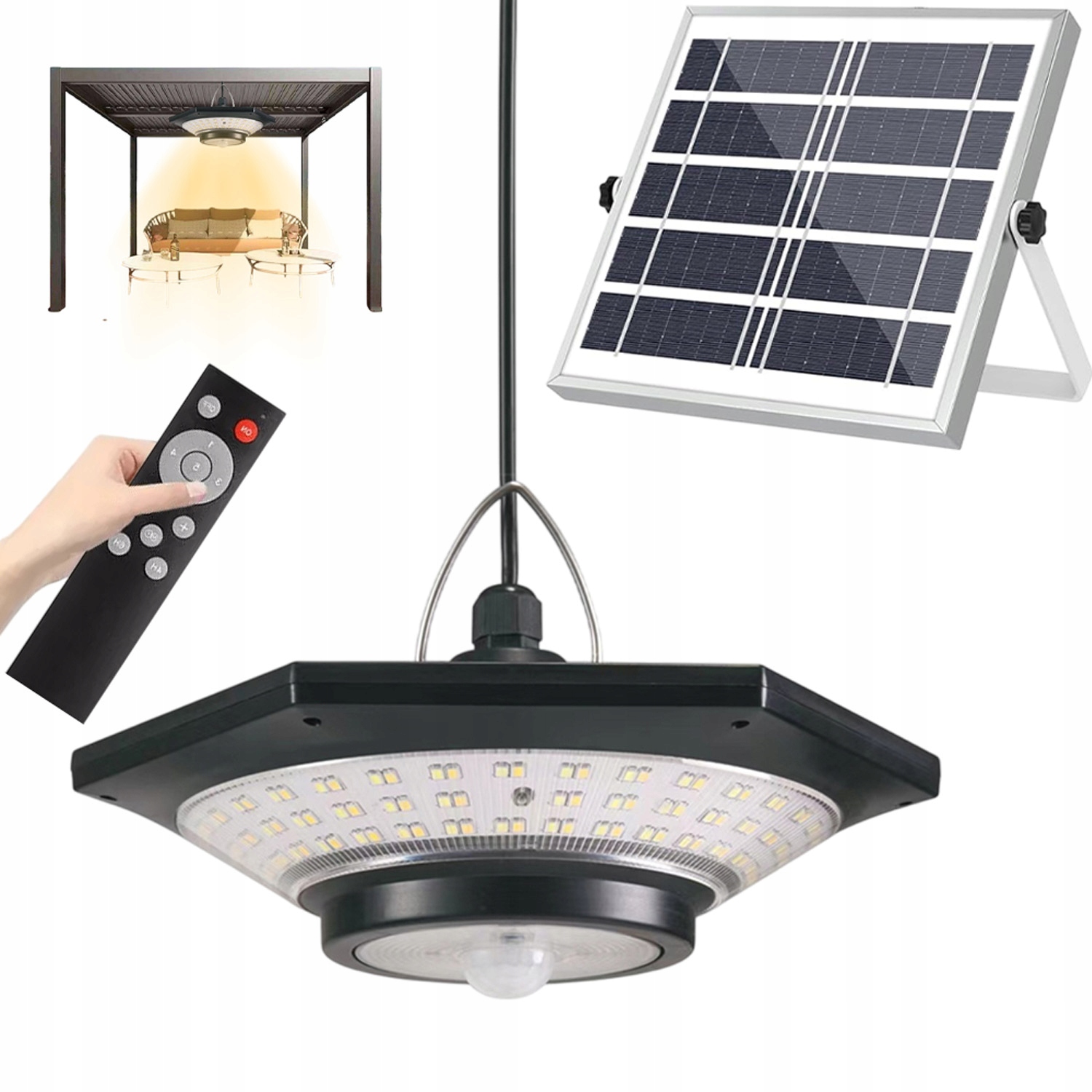 Solární Led Lampa Závěsný zahradní lustr Dálkové ovládání Osvětlení Kolem dokola IP65