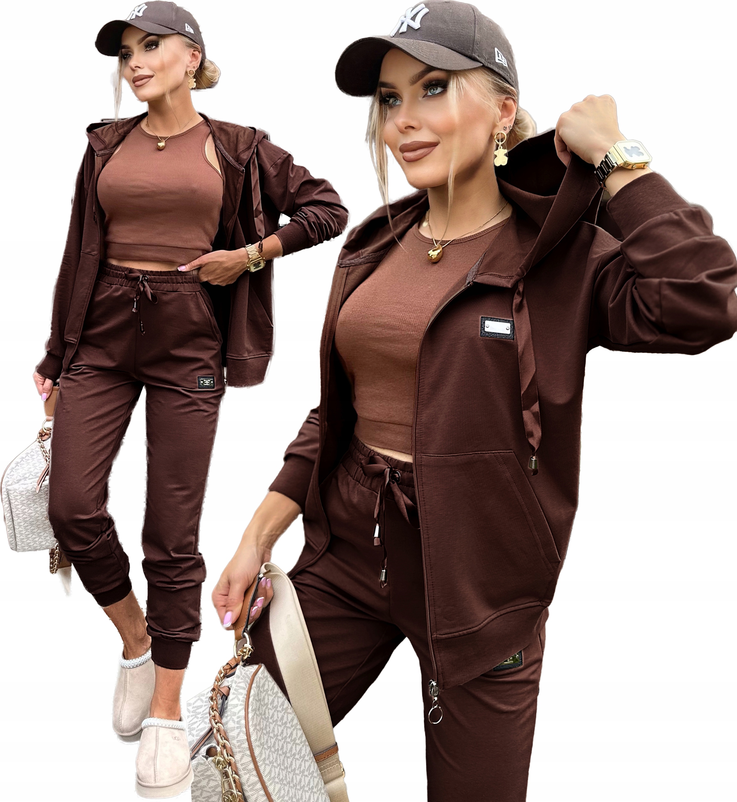 Czekoladowy Komplet dresowy damski Dres spodnie rozpinana bluza L Robin