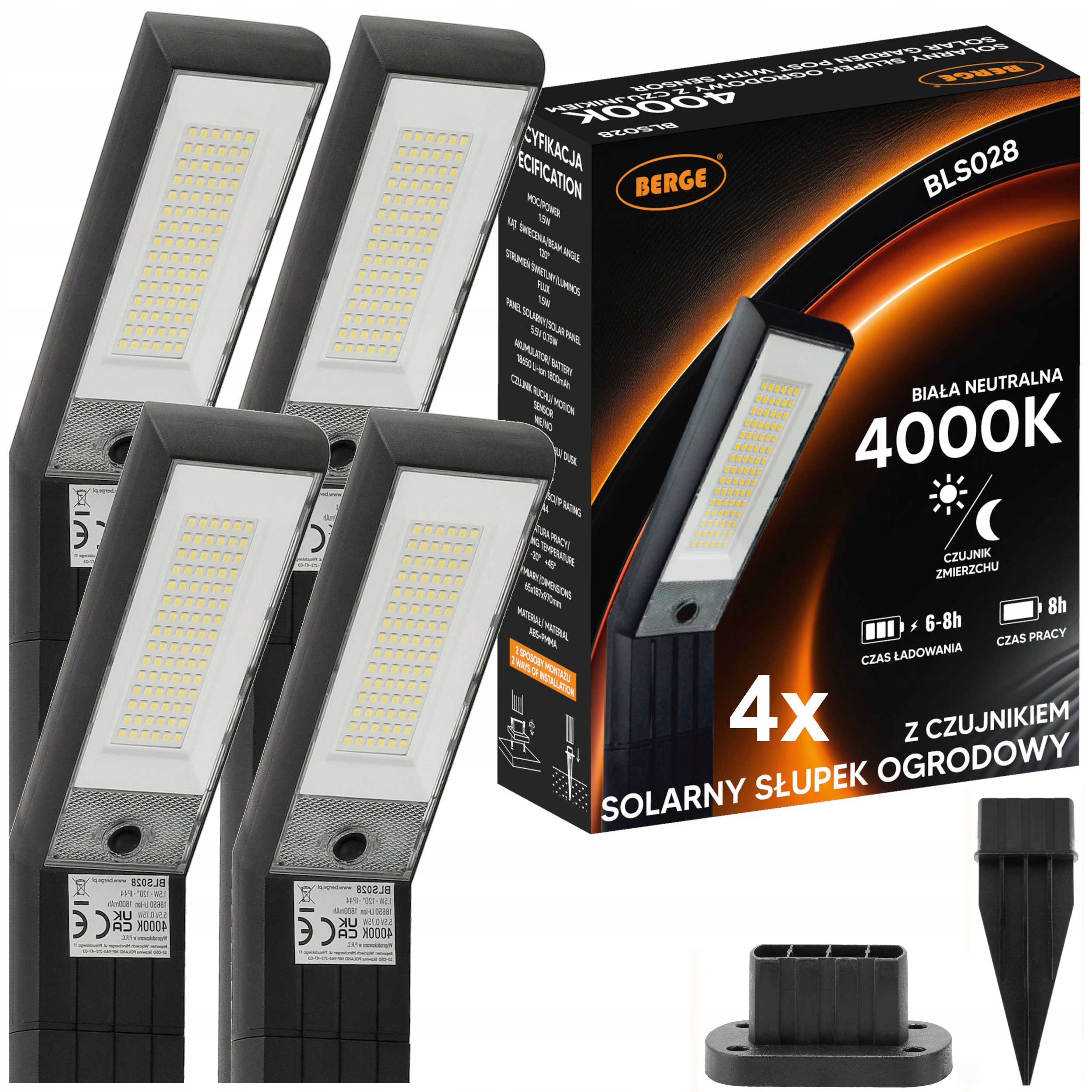 Lampa Solarna Ogrodowa Led Latarnia Wbijana Stojąca Słupek Czujnik 4000K 4x