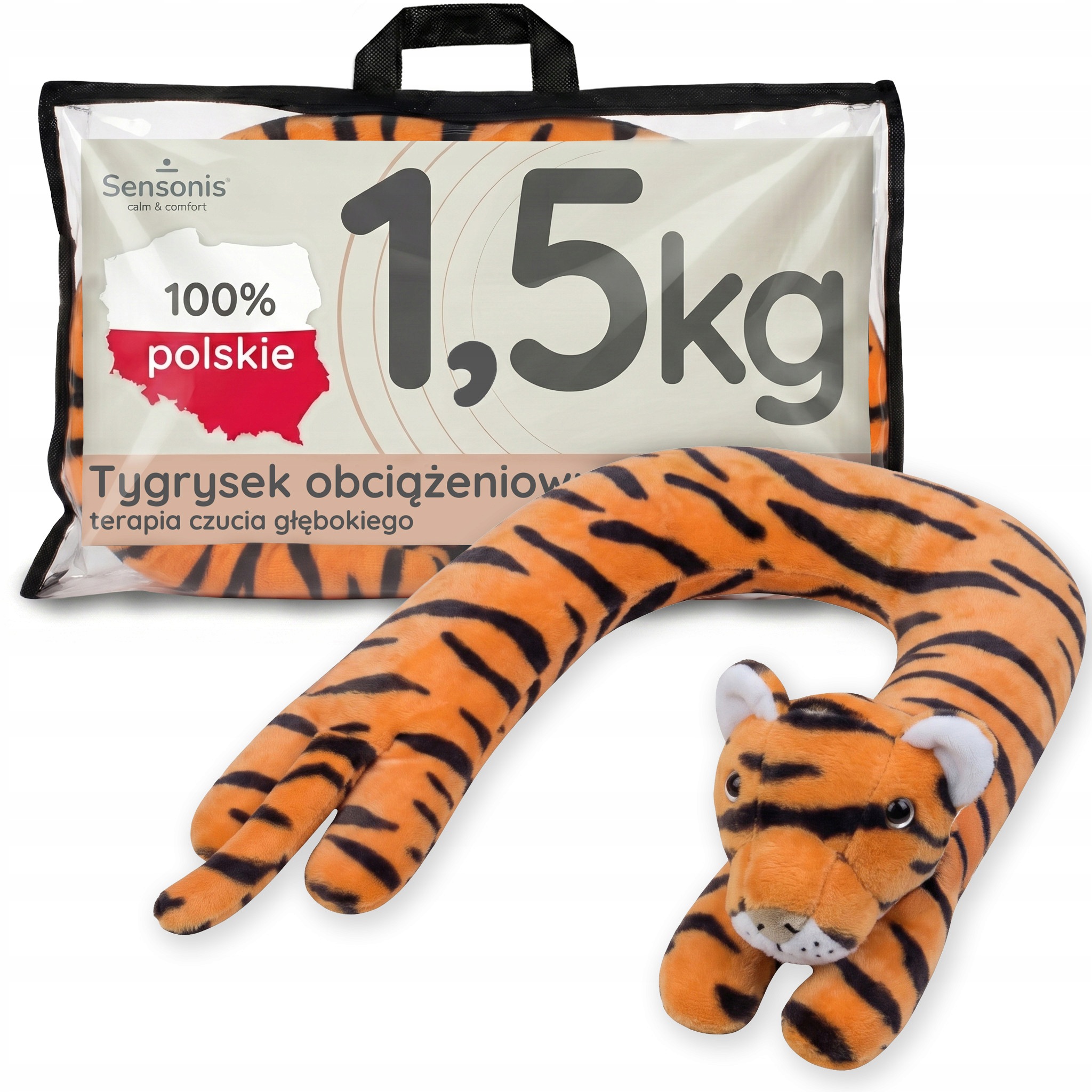 Maskotka obciążeniowa 1,5kg reg. pluszak Tygrys kołnierz Polski gadżet Adhd