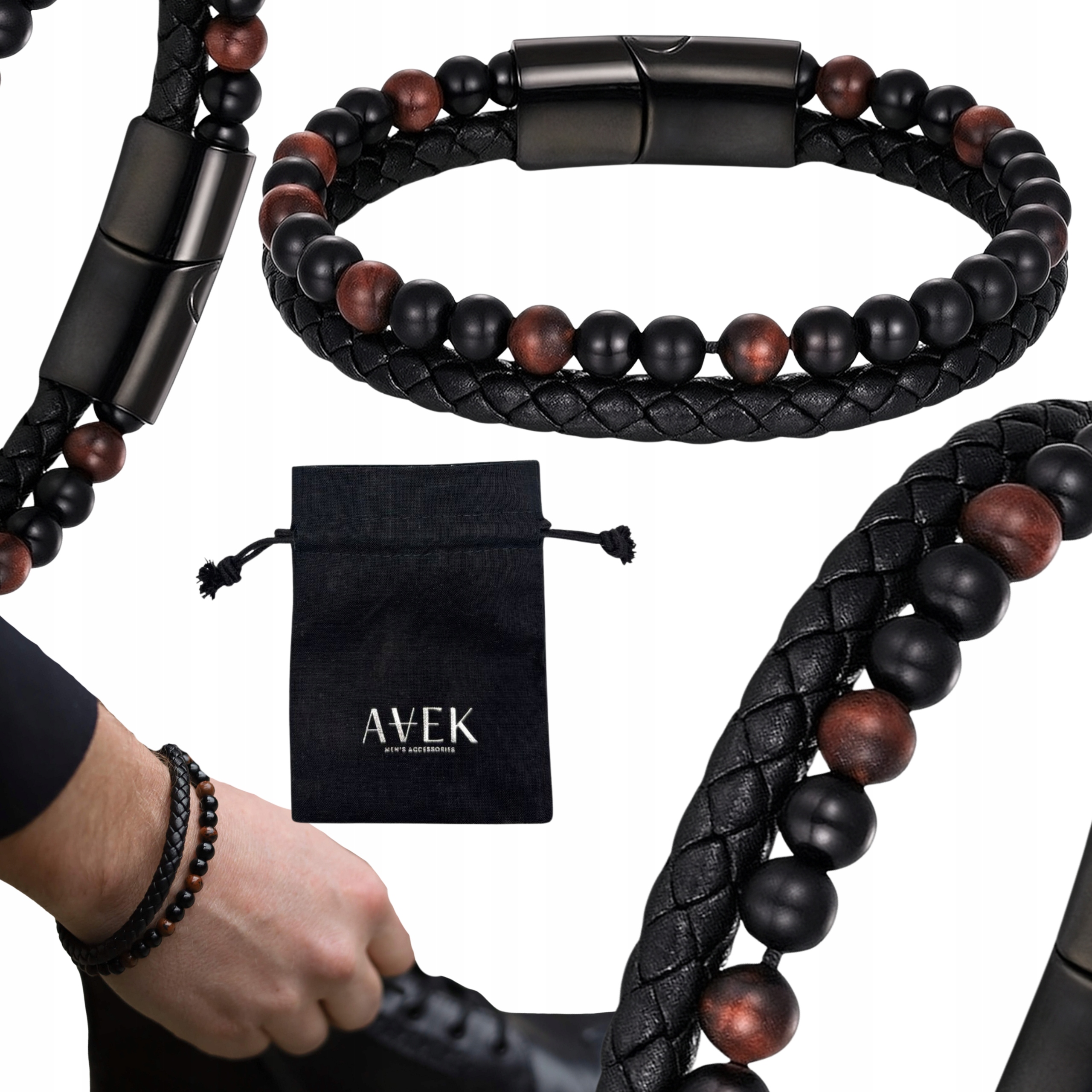 Pánský Náramek Z Kůže, Černá Korálková Kůže, Ocel Jako Dárek 21 CM