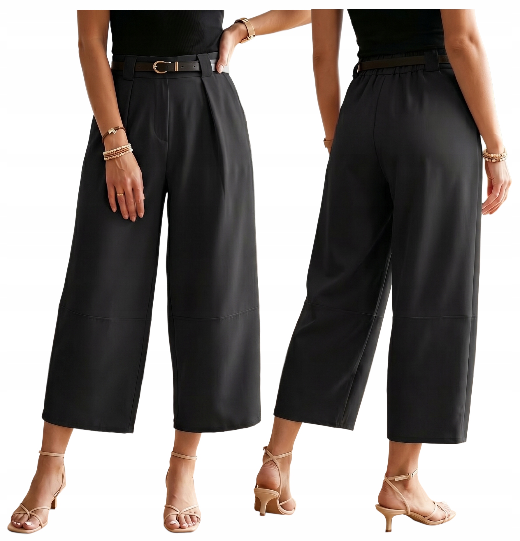 Elegantní černé dámské kalhoty s širokými nohavicemi 7/8 Palazzo Culottes