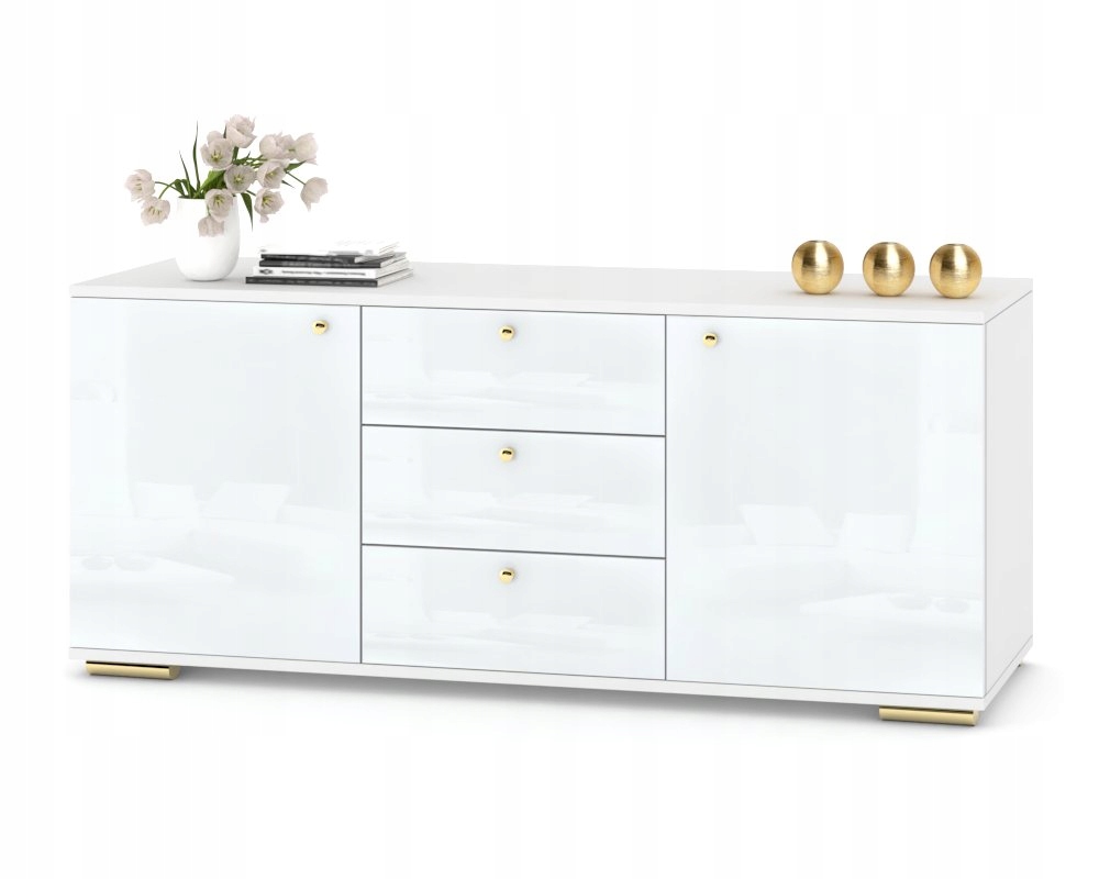 Velká komoda do obývacího pokoje se zásuvkami Bílý Lesk Zlaté úchytky a nohy 180